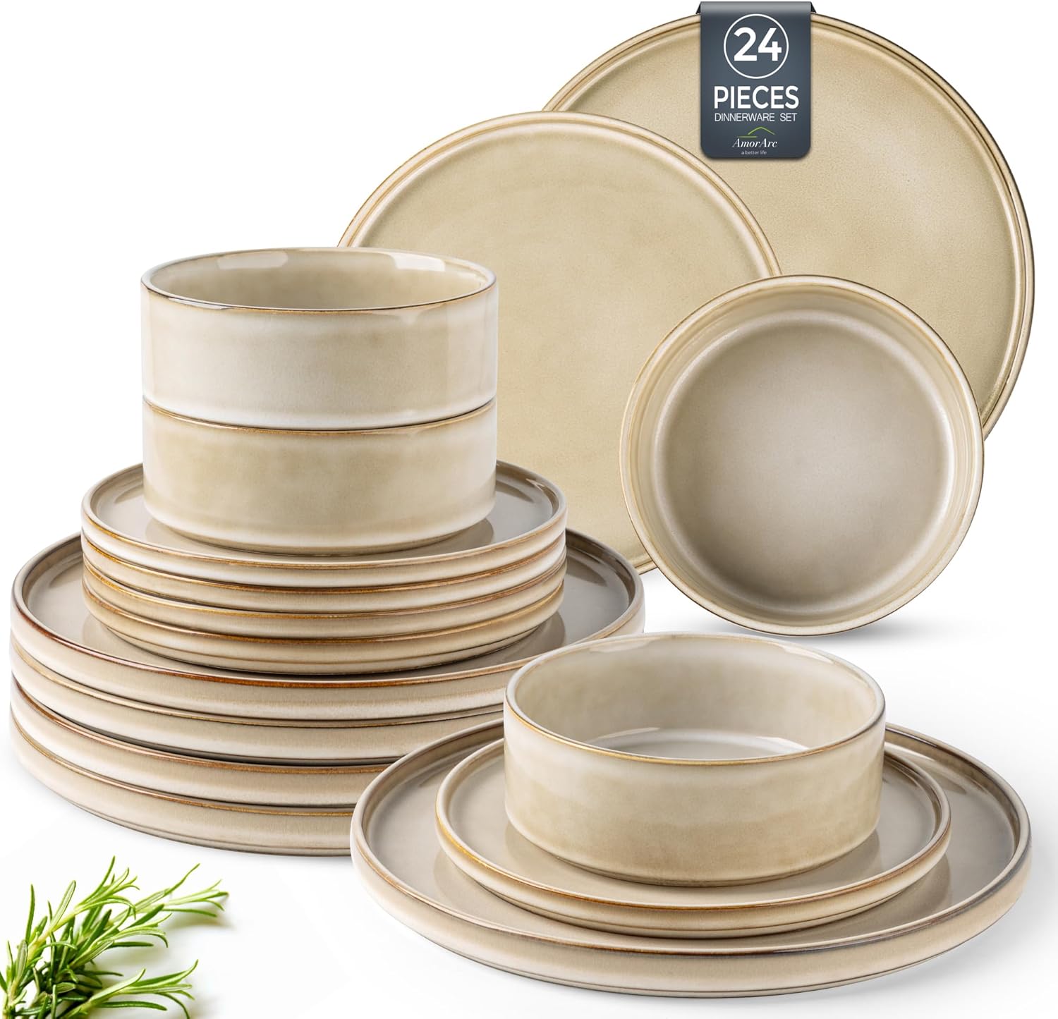 AmorArc Ceramic Dinnerware Sets, Handmade Reactive Glaze Stoneware Plates and Bowls Sets,Highly Chip and Crack Resistant | Dishwasher & Microwave Safe Dishes Set, Service for 8 (24pc) Cappuccino Service for 8