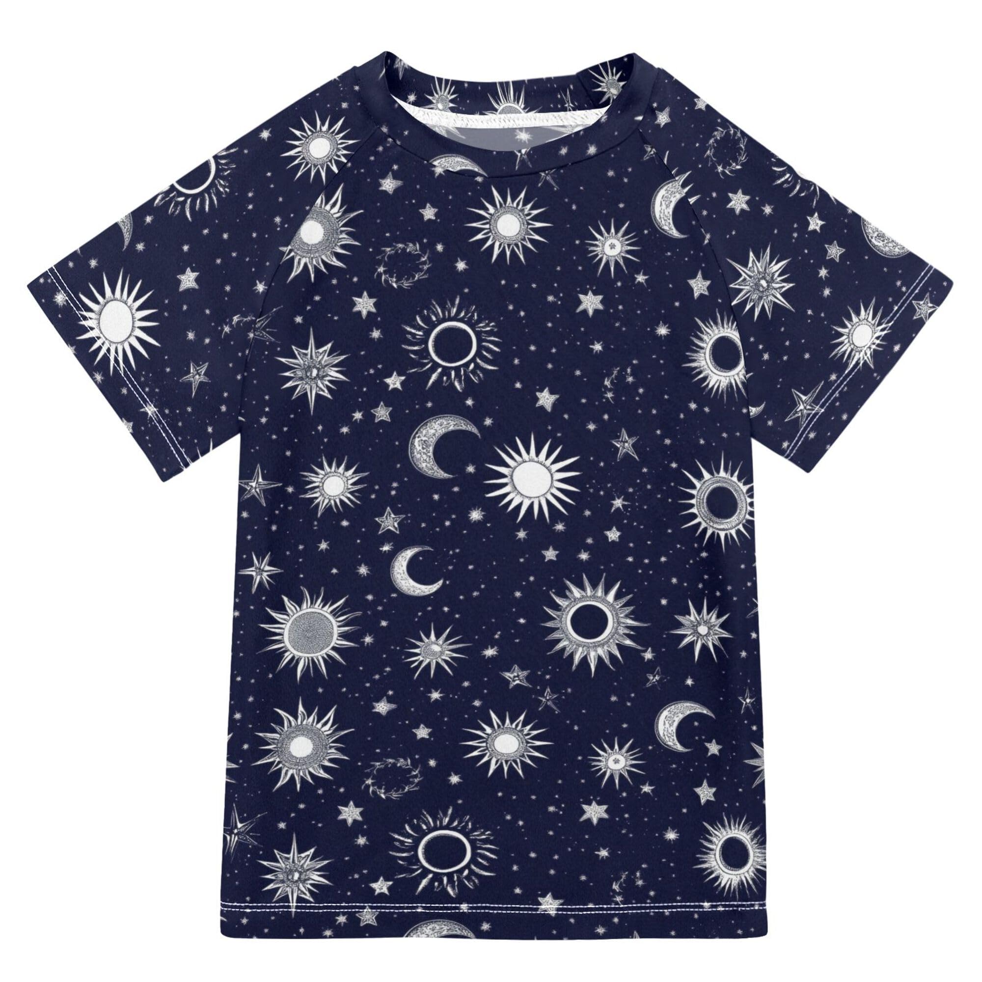 Wudan Starry Night Star Sun Moon Blue Girls Bathing Suit Short Sleeves Girls Swimsuit with Rashguard Swimwears Football Sports Shirt for Big Boys 11-12Y
