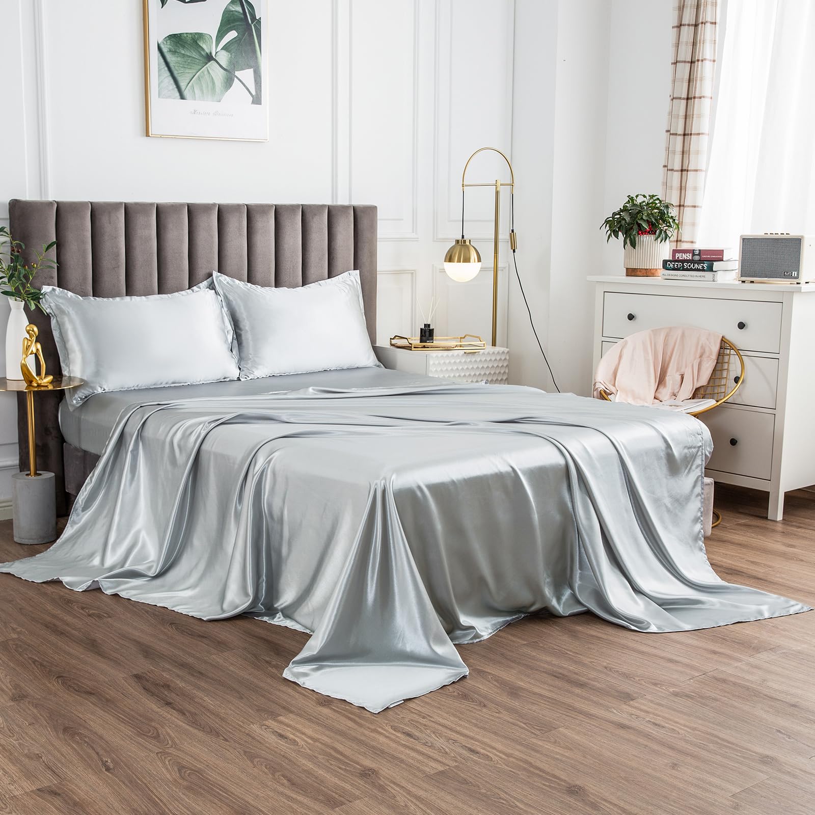Morbuy Small Double Fitted Sheet Satin Silk Bed Sheets, Silver Fitted Sheets Deep Pocket 30 cm - Image 4