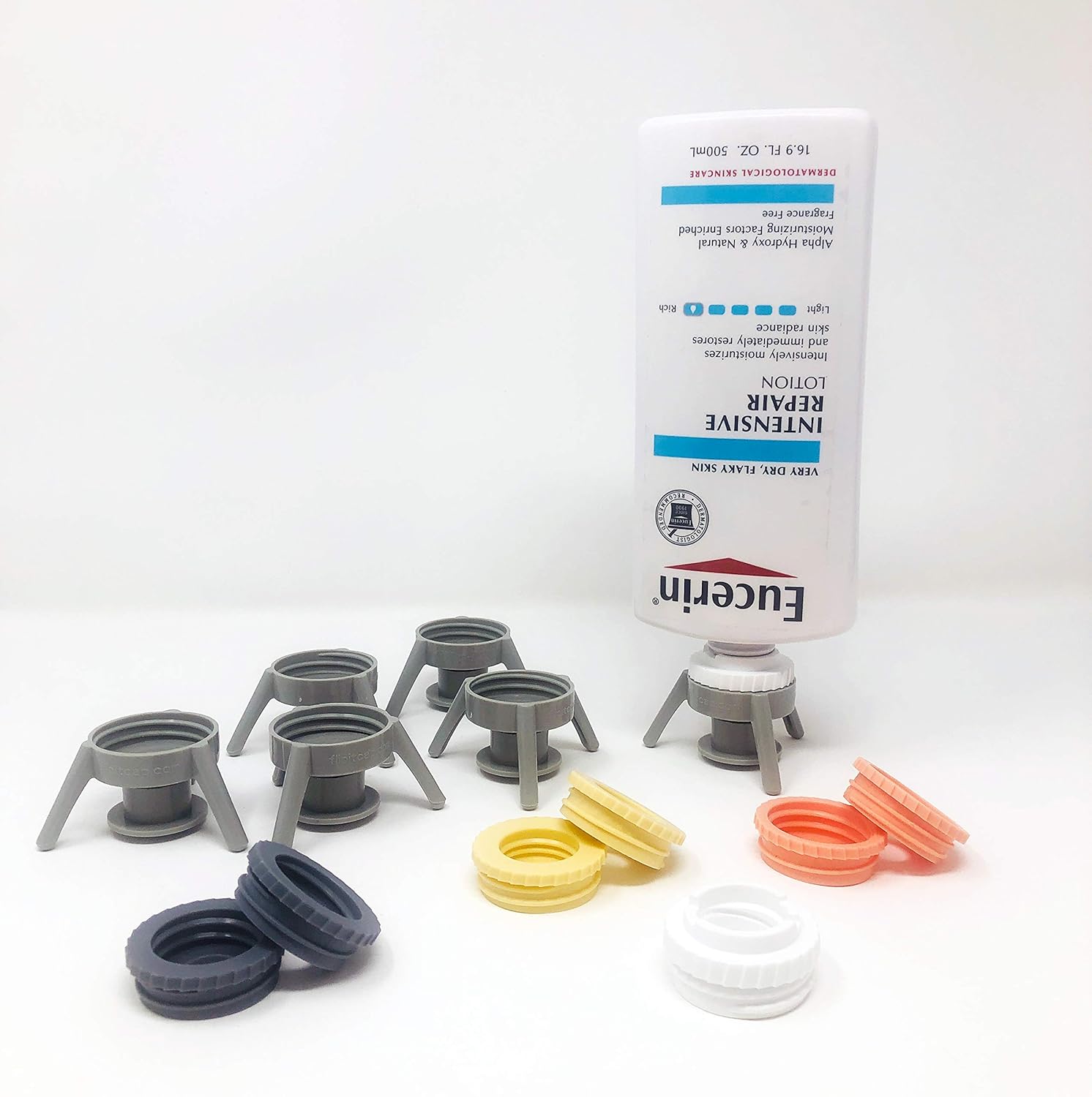 Flip-It! Bottle Emptying Kit - Flip Bottle Upside Down To Get Every Drop Out Extra adapters included to fit Nivea, Eucerin, and Aquaphor bottles. (6 Pack, Pastel Color Edition)