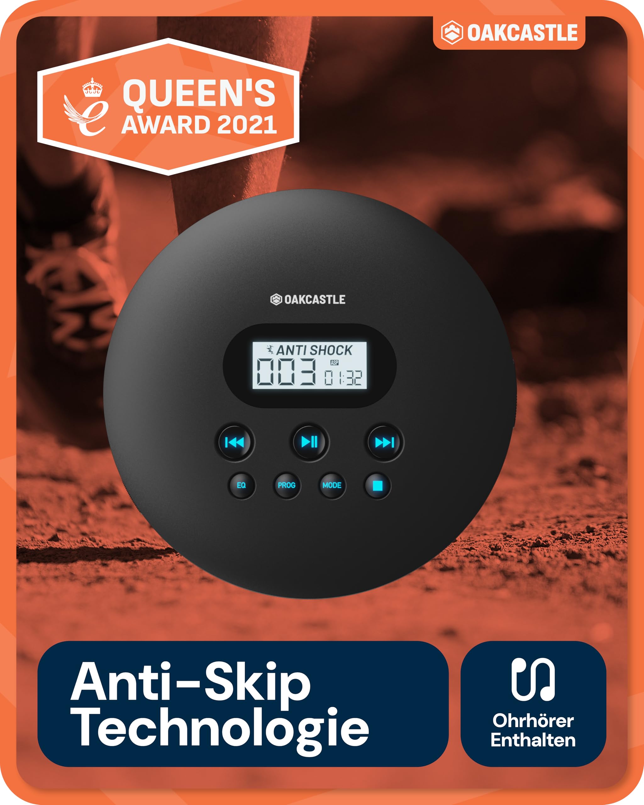 Oakcastle CD100 Rechargeable Bluetooth CD Player | 12hr Portable Playtime | In Car Compatible Personal CD Player | Headphones Included, AUX Output, EQ, CD Walkman (Schwarz)