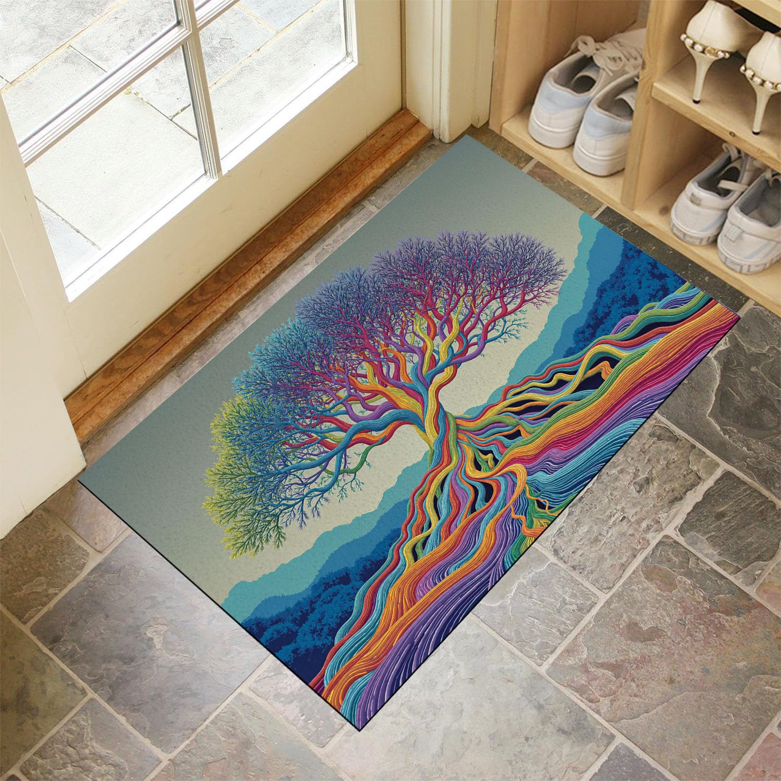 Tapis de Sol Antidérapant Arbre de Vie : Paillasson Attrape Poussière
