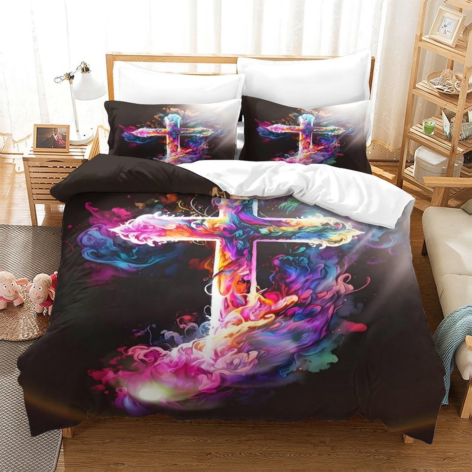 Spirituelle Kreuzkunst 3-teiliges Reines Polyester lebendiger Abstrakter Stil Bettbezugset, Versteckter Reißverschluss, Krippenbettwäsche, Babysicher & Gifffrei King（220x240cm）