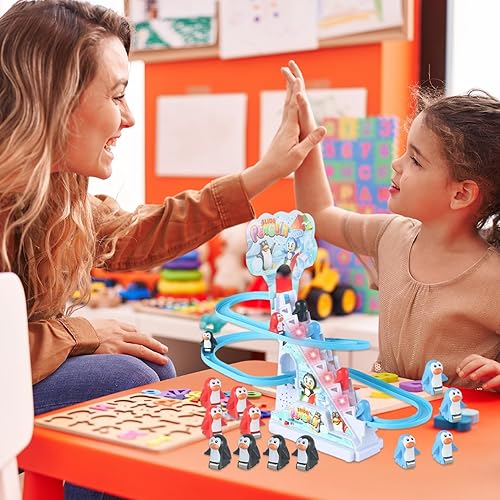 Miniatura 6 de Pista de coche de juguete eléctrico pingüino escalada escaleras juguetes con 9 pingüinos juguete, juego de pista de carreras con música y luces LED