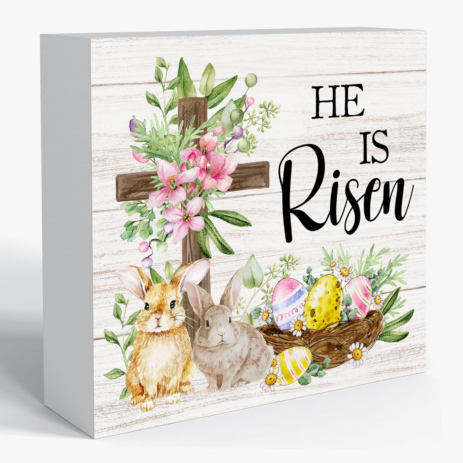 He Is Risen Wooden Sign, 5x5 Inch Christian Easter Decor – Blessed Religious Wall Art for Home, Bunny Farmhouse Table Shelf Decoration, Easter Gift -E02