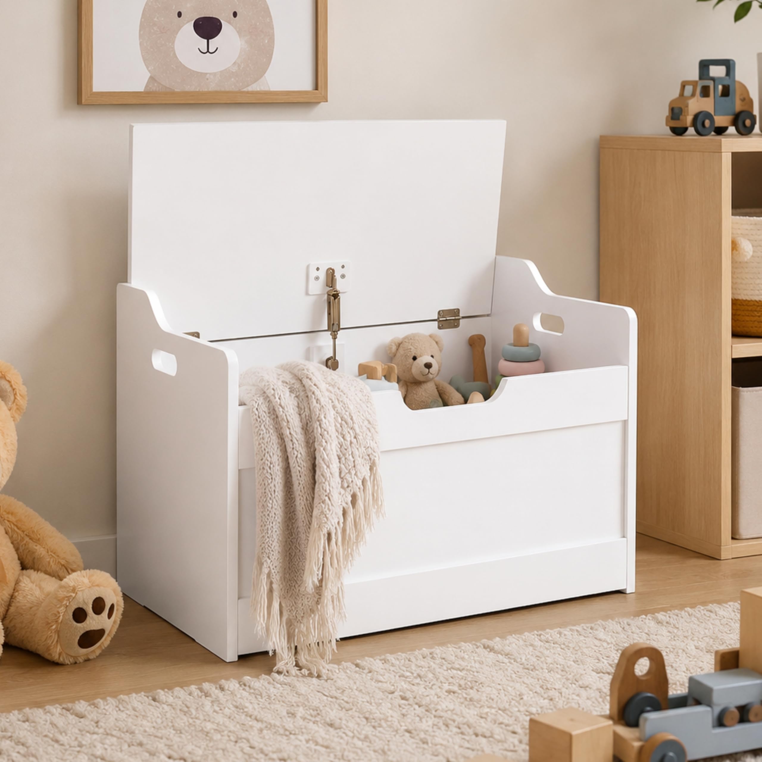 Wooden Toy Box with Lid White Kids Storage Chest for Toys & Books