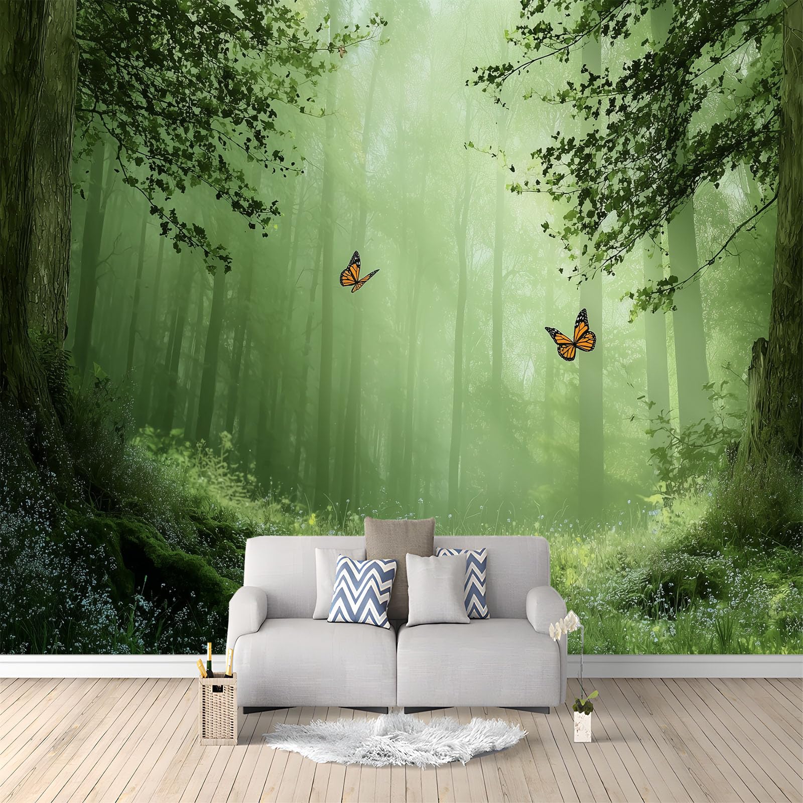 Générique Papier Peint 3D Effet Panoramique Photo Mural 450 x 280 cm Fantaisie Nature Forêt Papillon Papier Peint Tapisserie Poster Panoramique Salon Chambre D'Enfants Décoration Murale, Vert Forêt