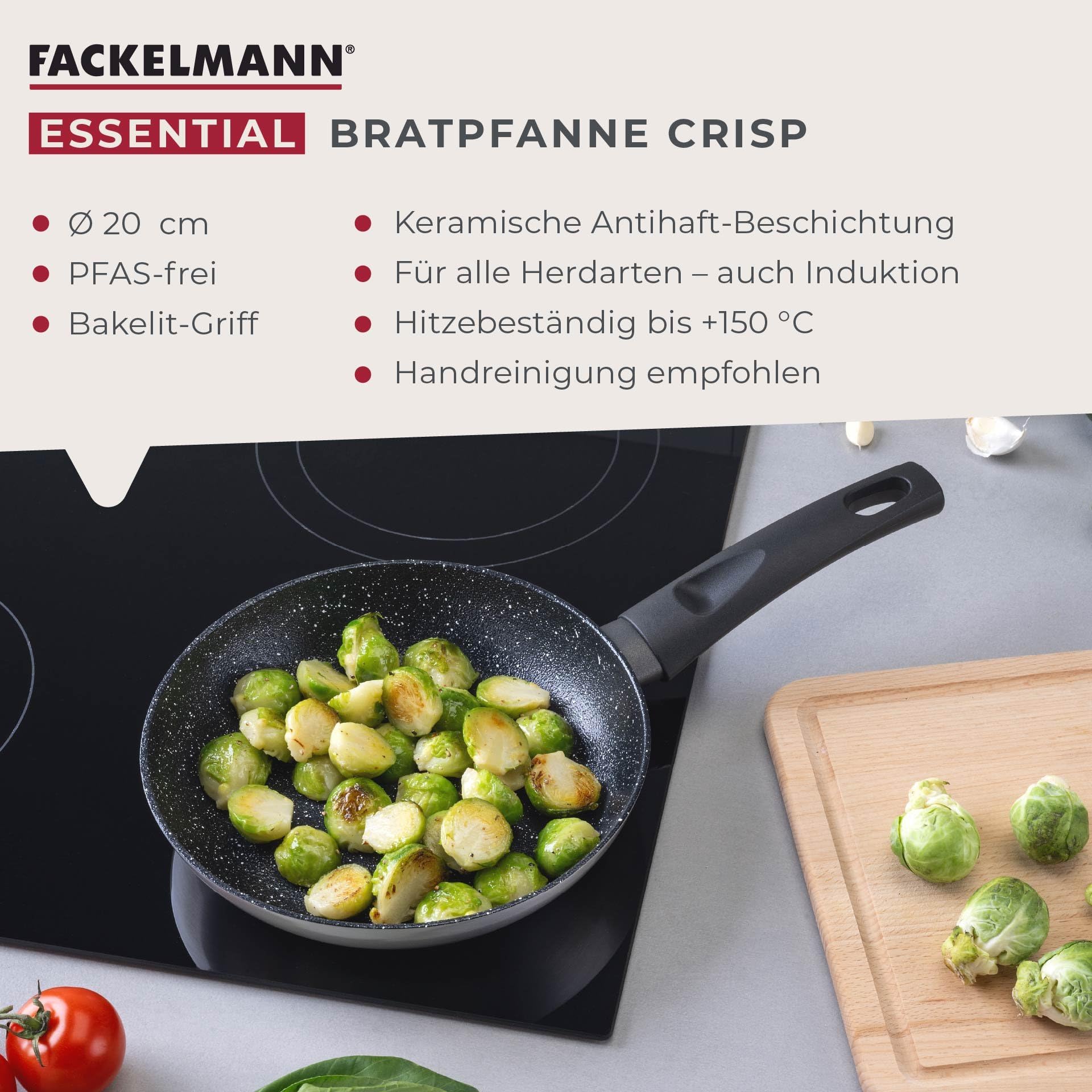 FACKELMANN Padella Essential Crisp Ø 20 cm – Rivestimento in ceramica di alta qualità senza PFAS, ideale per tutti i piani cottura, compresi quelli a induzione, nero