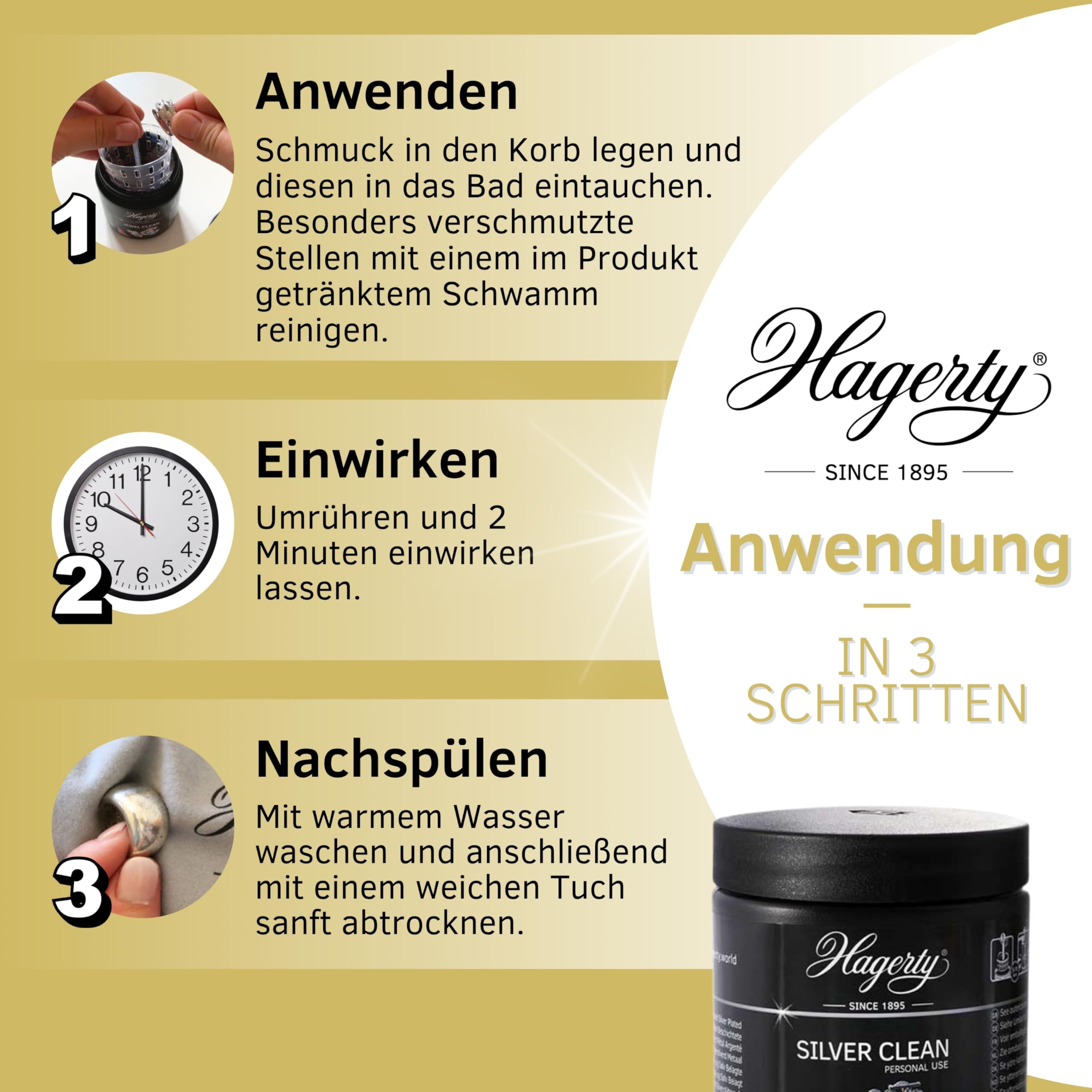 Hagerty Set Silver Clean Schmucktauchbad + Silver Cloth Schmuck Reinigungstuch für Silberschmuck und versilbertem Schmuck I Effektiver Schmuckreiniger und Poliertuch für erneuerten Glanz und Pflege | Für Silberschmuck und versilberten Schmuck, Effektiver