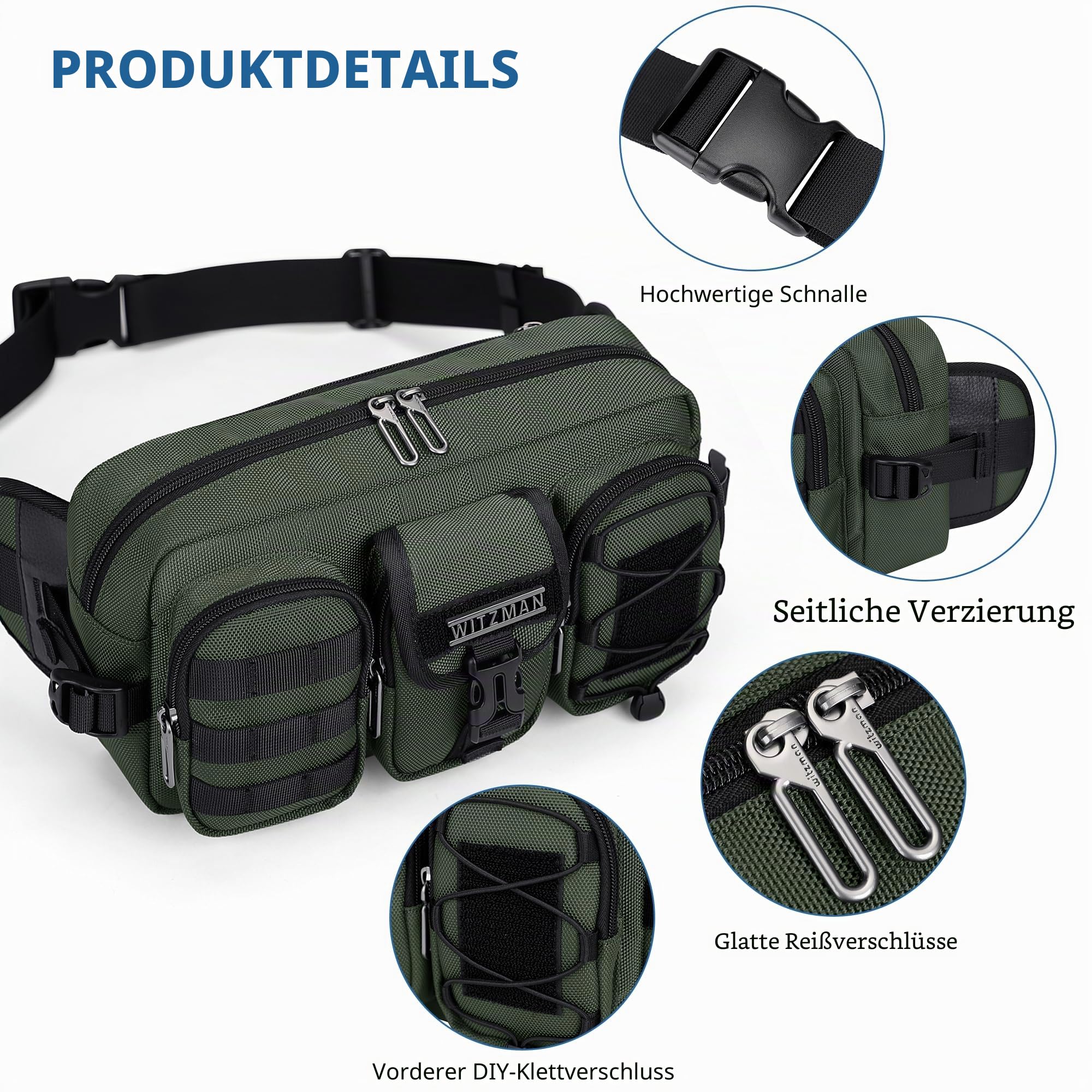 WITZMAN Bauchtasche für Herren, Mehrfächer Moderne Gürteltasche für Reisen | Wasserfestes Nylon, 5L Hüfttasche, Passt Großes Handy für Hundespaziergänge, Wandern, Alltag, Laufen, B733 Grün