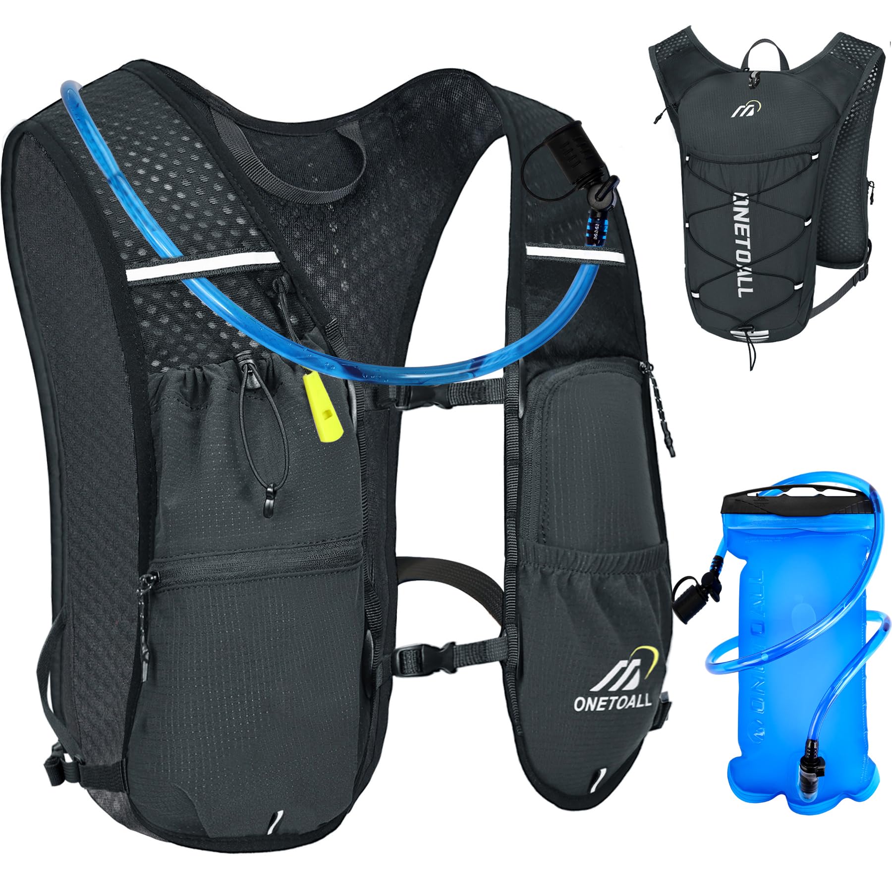 ONETOALL Laufweste Damen mit 500ml Trinkflasche/2L Trinkblase, Leichter Trinkrucksack Laufen Herren 6L, Runing Vest Reflektierend für Jogging, Trailrunning, Fahrrad, Marathon, Motorrad, nur 150g