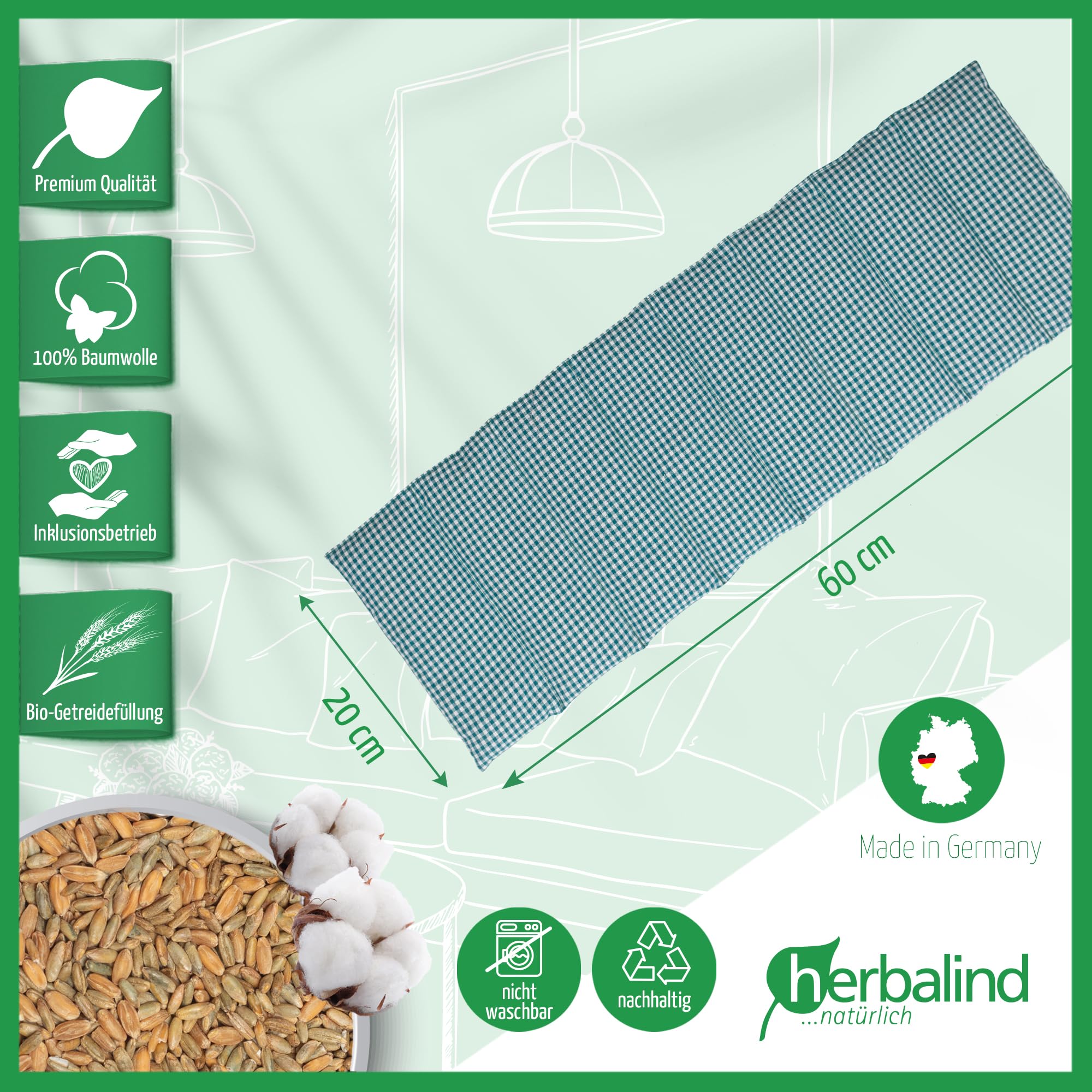 HERBALIND 8-Kammer Wärmekissen Körnerkissen Schulter Nacken 60x20 cm in Karo/petrol - 100% Baumwolle - Getreidekissen mit Bio Roggen- und Weizen Füllung für Mikrowelle - Geschenk für Männer