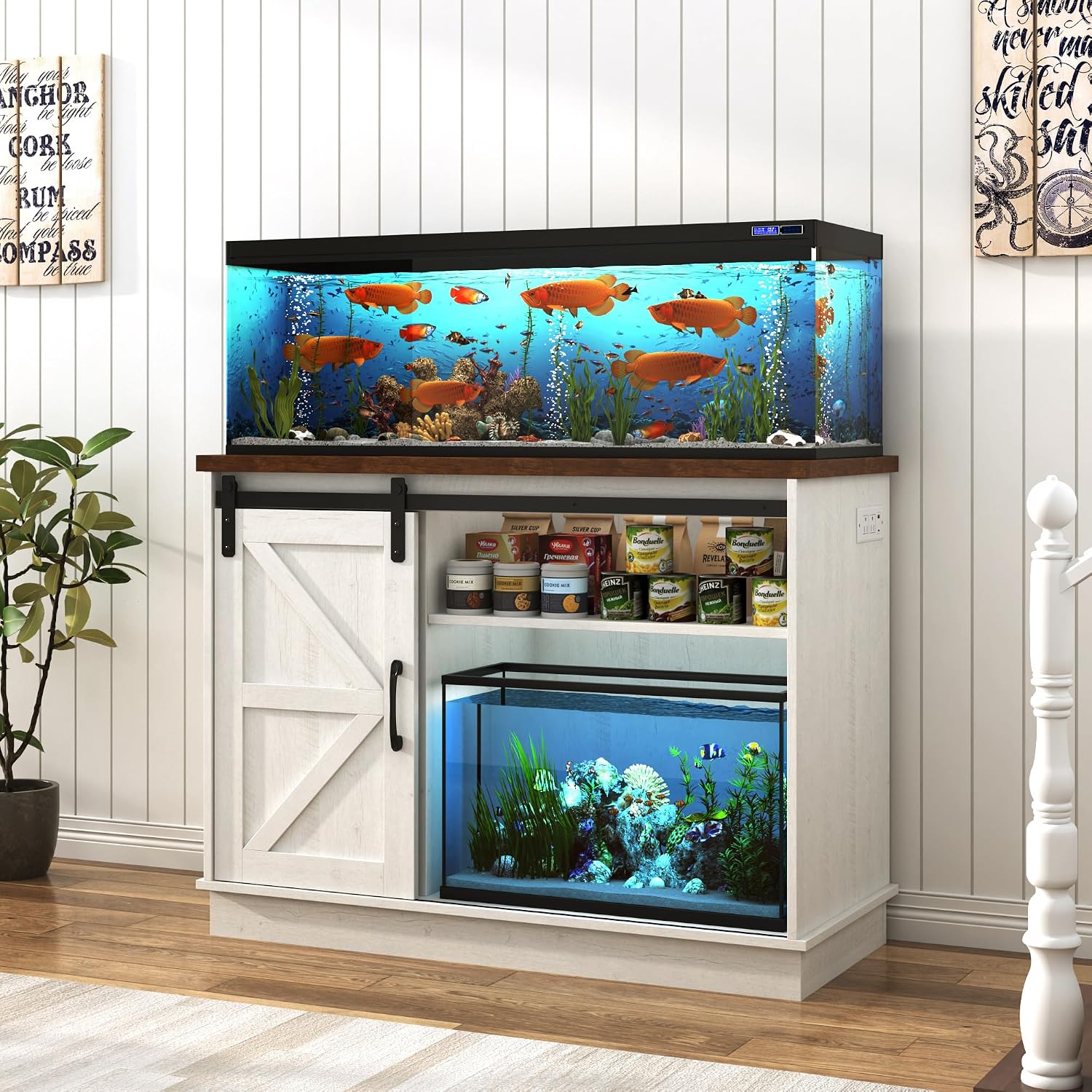 Hlivelood Farmhouse 30-40 Gallon Fish Tank Stand w/Power Outlet, Aquarium Stand w/Cabinet&Sliding Barn Door, Heavy Duty Reptile Tank Stand for Fish/Turtle/Reptile Terrarium, 1000LB Capacity, Rustic WH