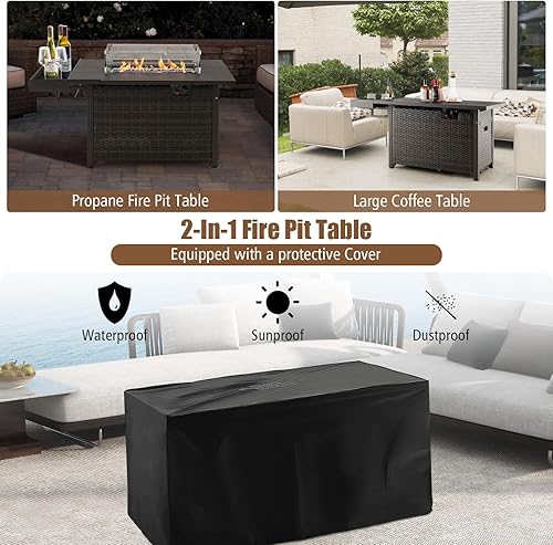 Miniatura 9 de Tangkula Mesa para fogata de propano para patio, fogata de gas de mimbre de 52 pulgadas con protector contra el viento y estante extendido, salida