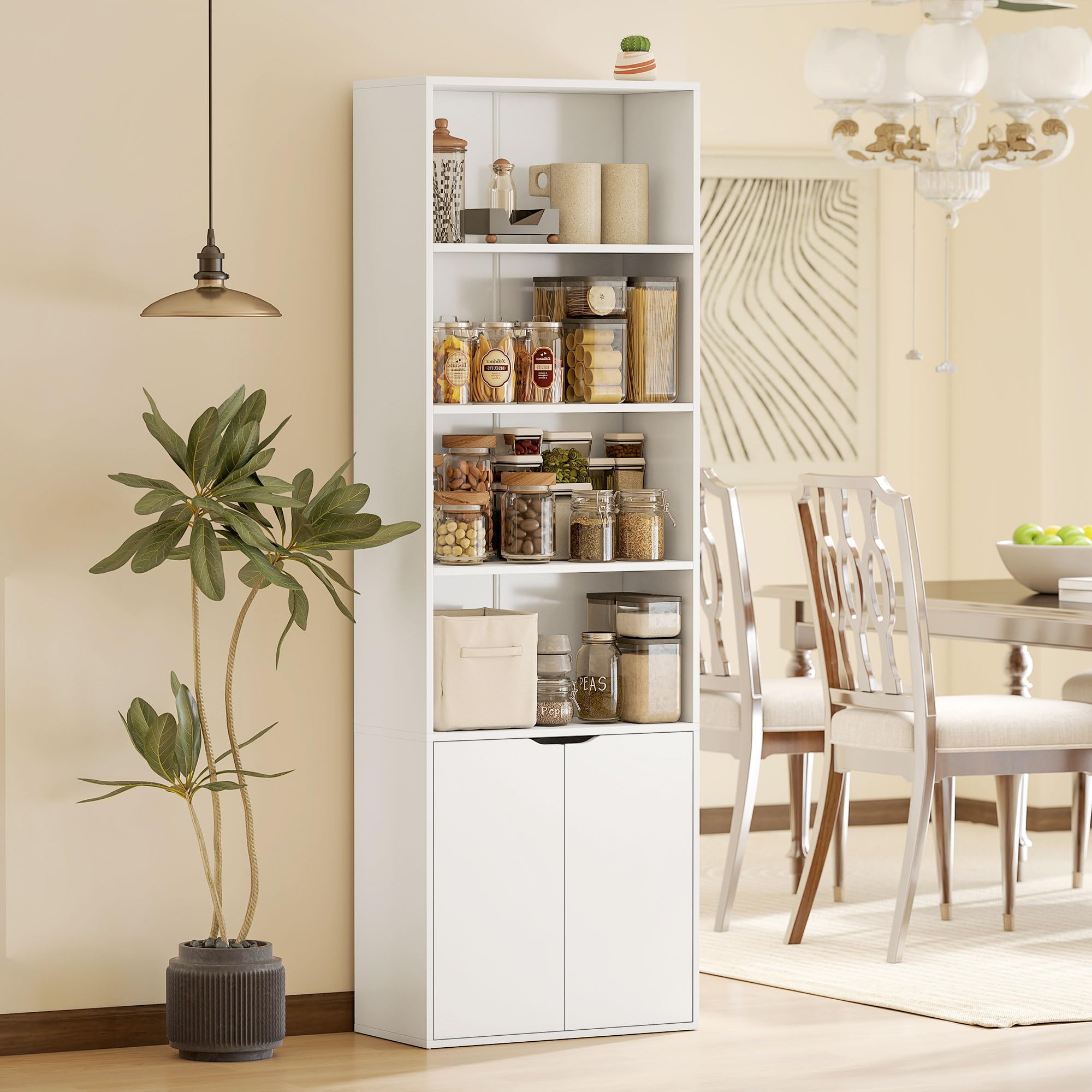 HOMCOM Estantería para Libros de 6 Niveles, Librería con 2 Puertas, 4 Estantes Abiertos, Armario Alto para Salón, Estudio, Oficina, 59x29x180 cm, Blanco