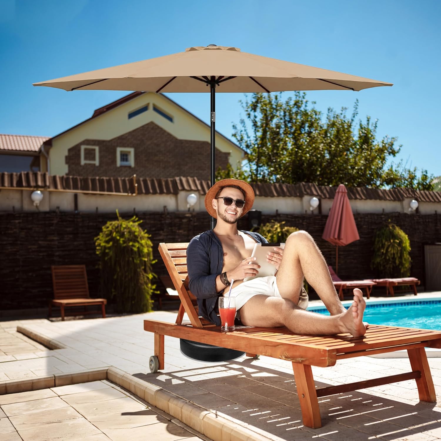 HealSmart 9' Outdoor Patio Umbrella, Market Table Umbrella with 8 Sturdy Ribs, Push Button Tilt and Crank for Garden, Yard, Pool, Tan