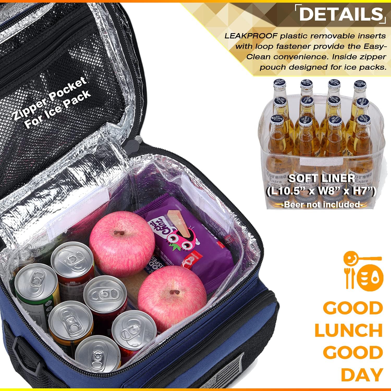 DBTAC Tactical Lunch Bag for Men Women, 12 Cans Insulated Lunch Box for Adult | 9L Leakproof Lunch Cooler Tote for Work Office Outdoor Travel | Soft Easy To Clean Liner x2, Urban Blue - Image 3