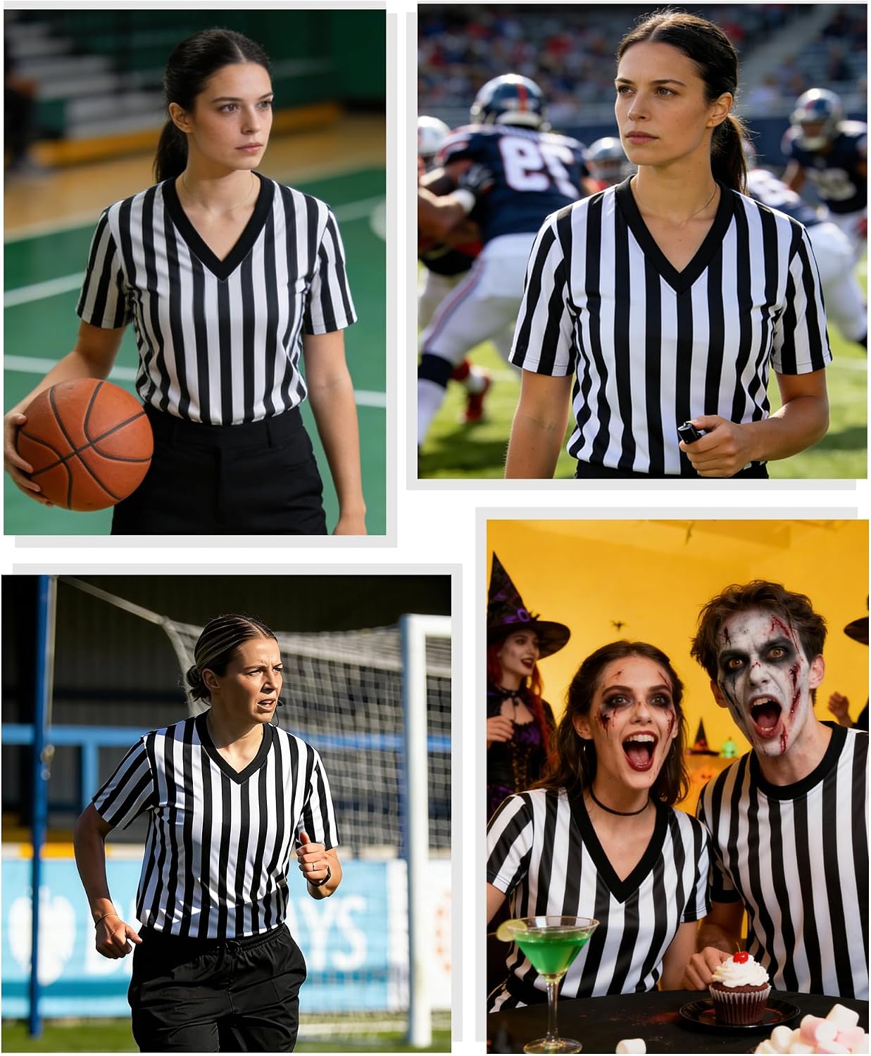 Women's Referee Shirt Official Football Basketball V-Neck Ref Jersey for Halloween Costume Umpire Waitress Uniform
