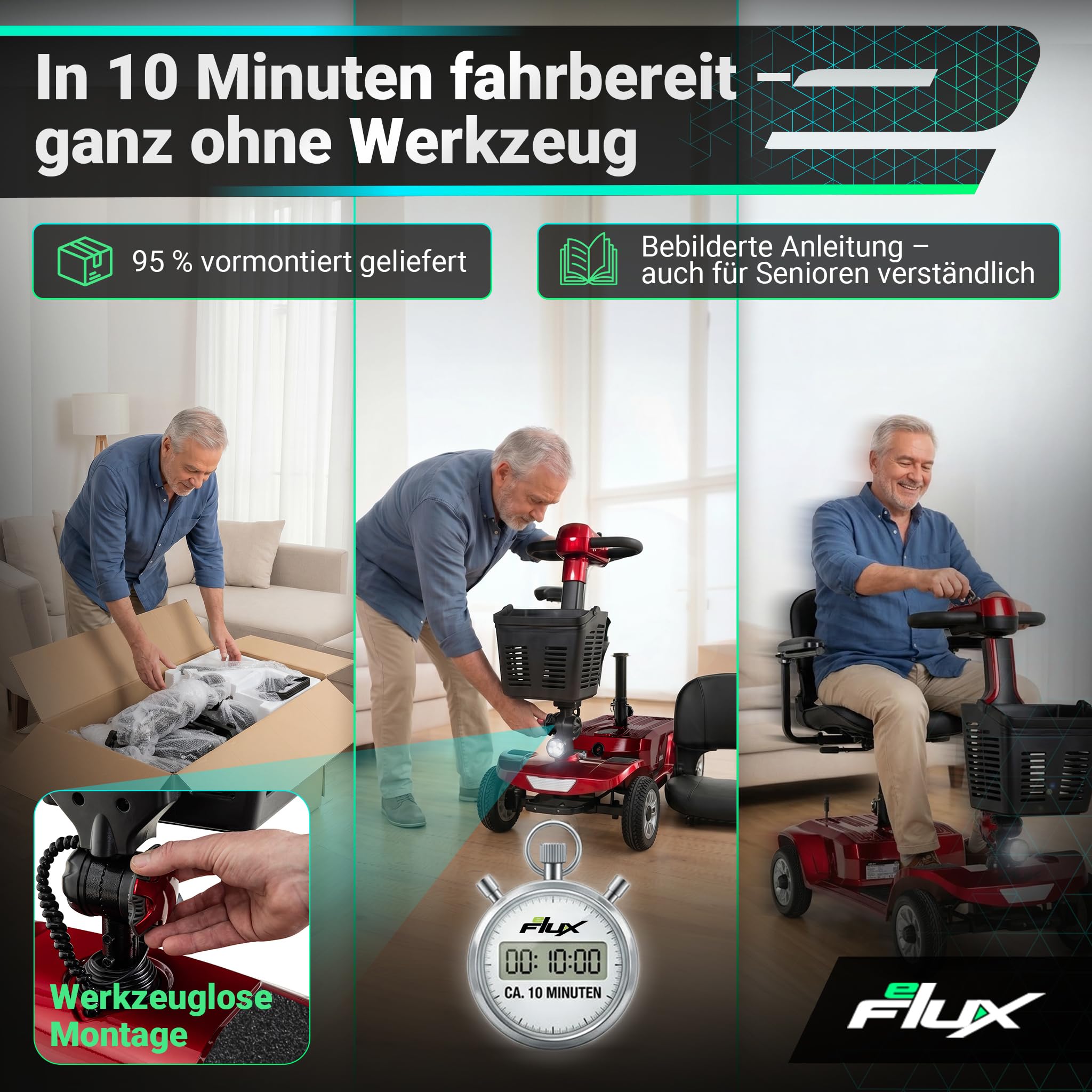 eFlux Seniorenmobil M1 | Elektromobil für Senioren klappbar - Bis 20 km Reichweite - Rollator - Rollstuhl elektrisch - Elektrorollstuhl - Seniorenroller (Rot)