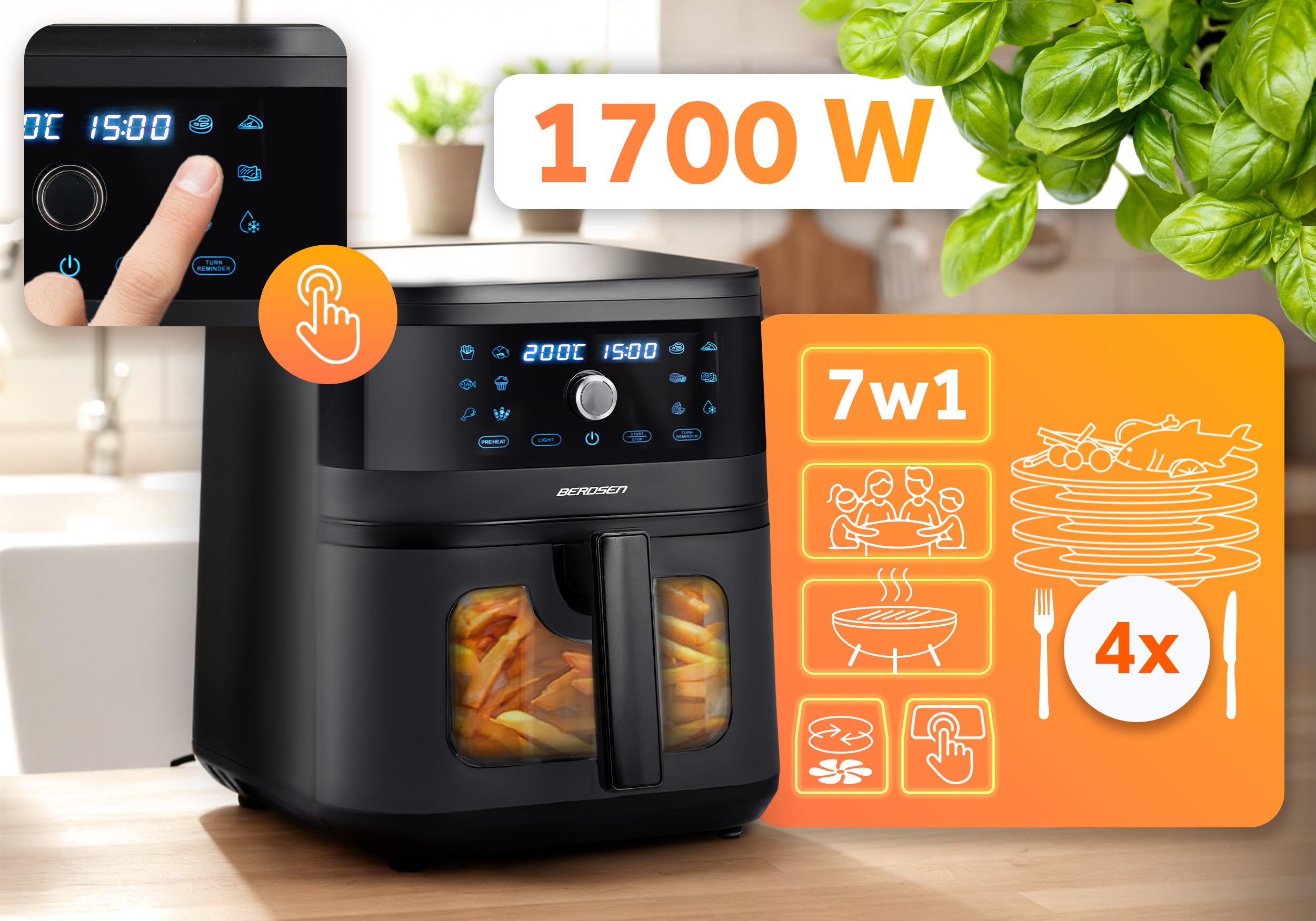 Berdsen Frytkownica Beztłuszczowa XXL 8L - Airfryer z Okienkiem i Ekranem Dotykowym - 1700W - 12 Programów - Zdrowo bez Tłuszczu - Czarna