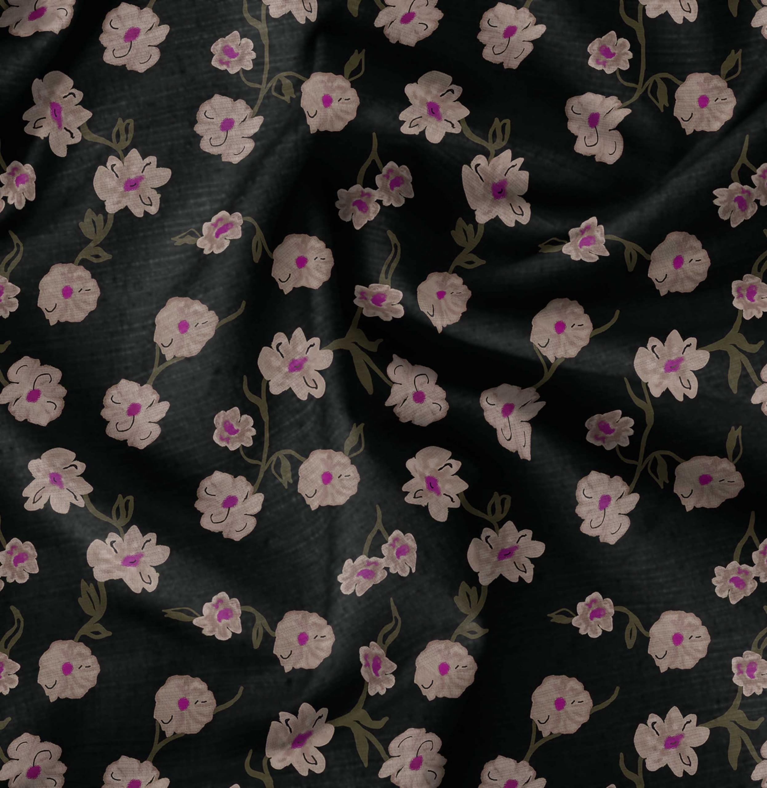 Soimoi Heavyweight Cotton Poplin Fabric Material, Black - Leaves & Blossom Flower Printed-42" Inch Width, Natural Cotton Material For Quilt Making, Dress, Skirt, Pillowcases,Tablecloths,Kurti, 1 Metre