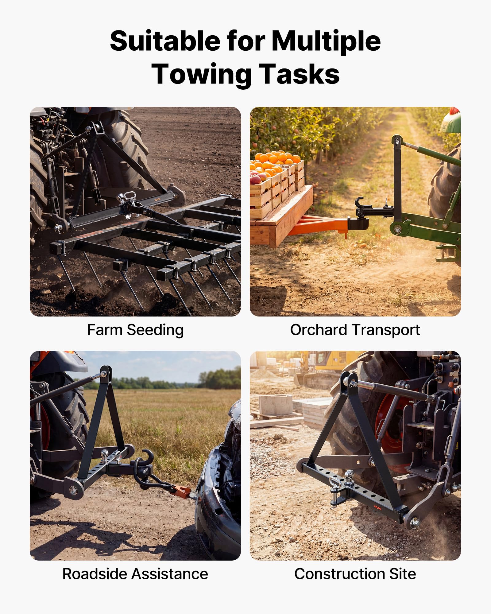 VEVOR Enganche de Remolque de 3 Puntos, Adaptador de Acoplamiento con Enganche de Cabeza Esférica, Compatible con Tractores de Categoría 2 de Kubota Mahindra Ford Yanmar John Deere Massey Ferguson