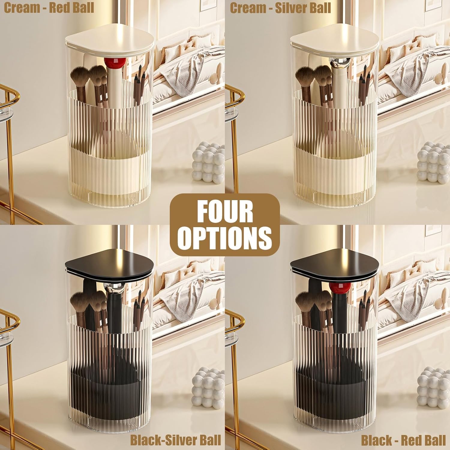 Makeup Brush Holder with Lid, One-Hand Press Open/Close Mechanism Cosmetic Tools Organizer, Clear Waterproof Dustproof Make Up Storage for Vanity, Bathroom Countertop-Cream-Silver Ball Cream - Silver Ball image 6 of 7 B0F32Q7ZPD