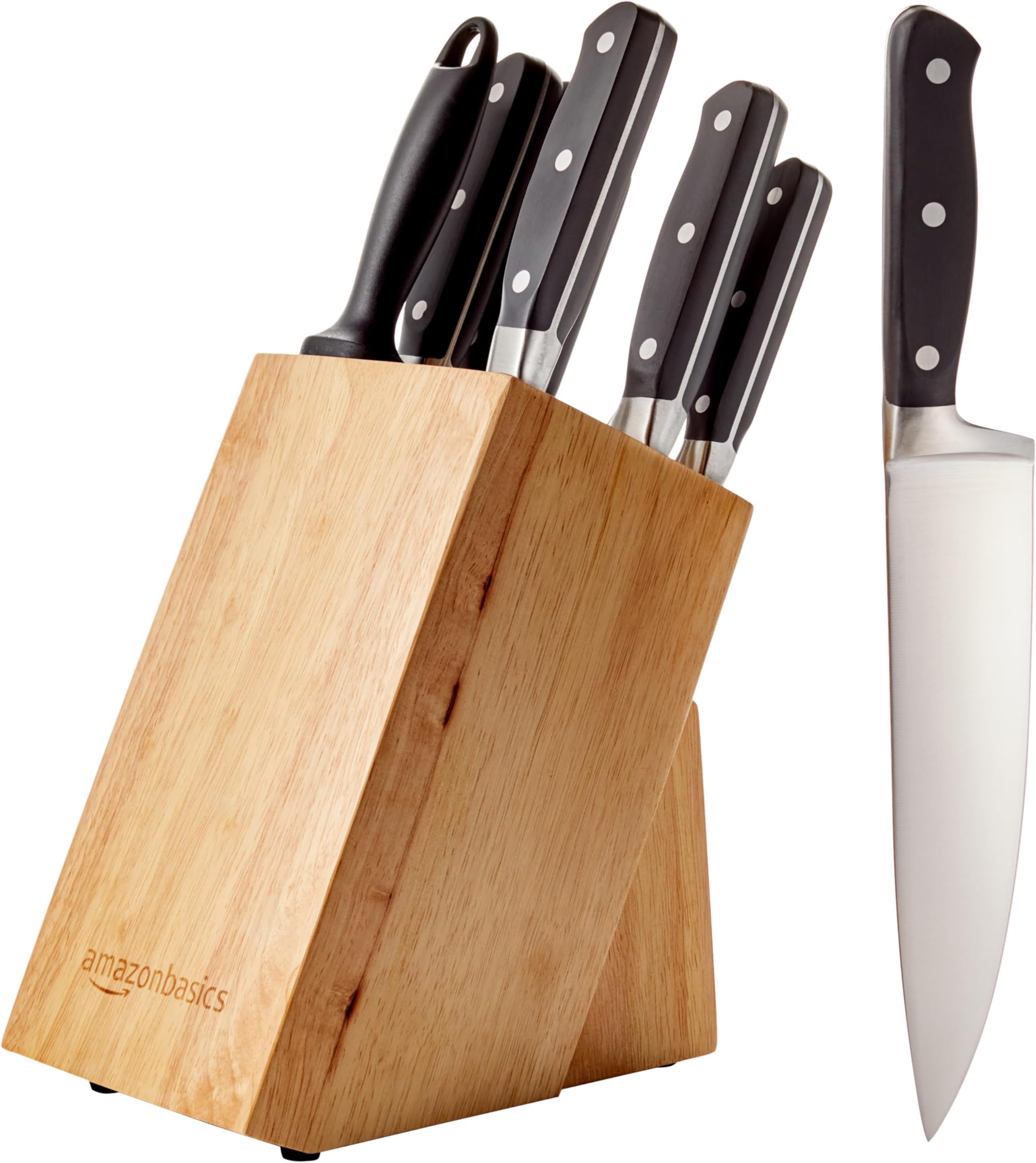 Amazon Basics 9-Piece High-Carbon Stainless Steel Kitchen Knife Set with Ergonomic Handles, Full Tang Construction, Pine Wood Block, Black