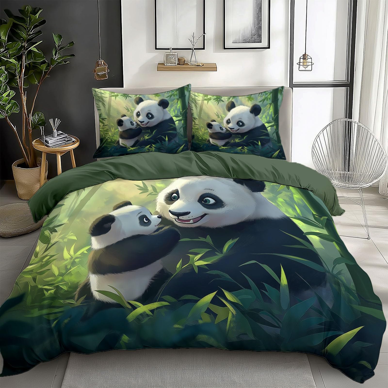 Duvet Cover King Size Cartoon Animal Panda Reversible 3 Pieces Duvet Cover Set, Bedding Set for All Season, Soft and Breathable Bedding Set with Zipper Closure