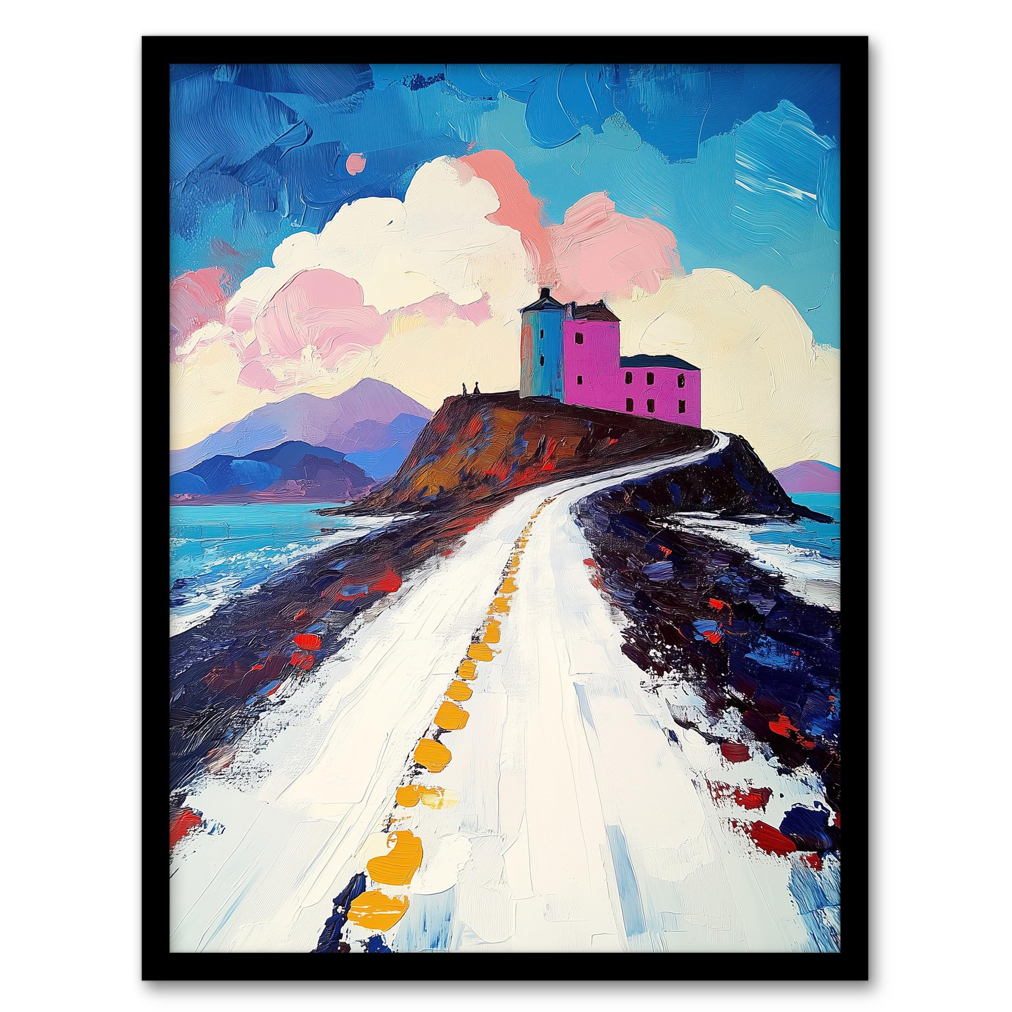 Artery8 Lindisfarne Island in Winter Colourful Coastal Living Room Artwork Framed Wall Art Print 18X24 Inch