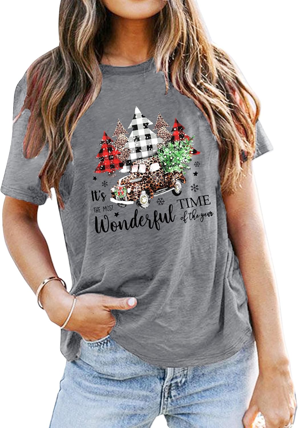 Merry Christmas Shirts for Women Xmas Buffalo Plaid Tree Shirt Top Short Sleeve Casual Graphic Print T Shirt - Image 2