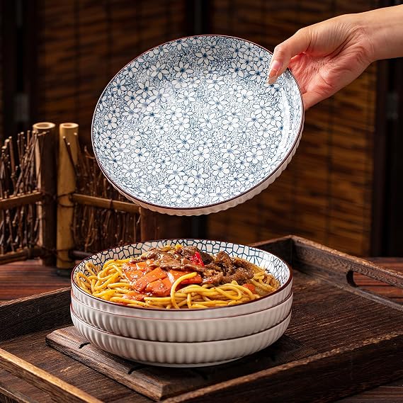 Ceramic Deep Dinner Plates Set of 4 Patterned,8 Inch Ceramic Dessert Plates,Salad Plates Set,Dinnerware Set for Pasta Bowls,Ramen Microwave & Dishwasher Safe