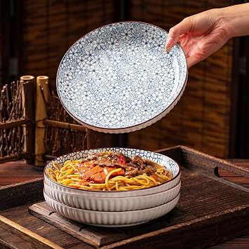 Ceramic Deep Dinner Plates Set of 4 Patterned,8 Inch Ceramic Dessert Plates,Salad Plates Set,Dinnerware Set for Pasta Bowls,Ramen Microwave & Dishwasher Safe