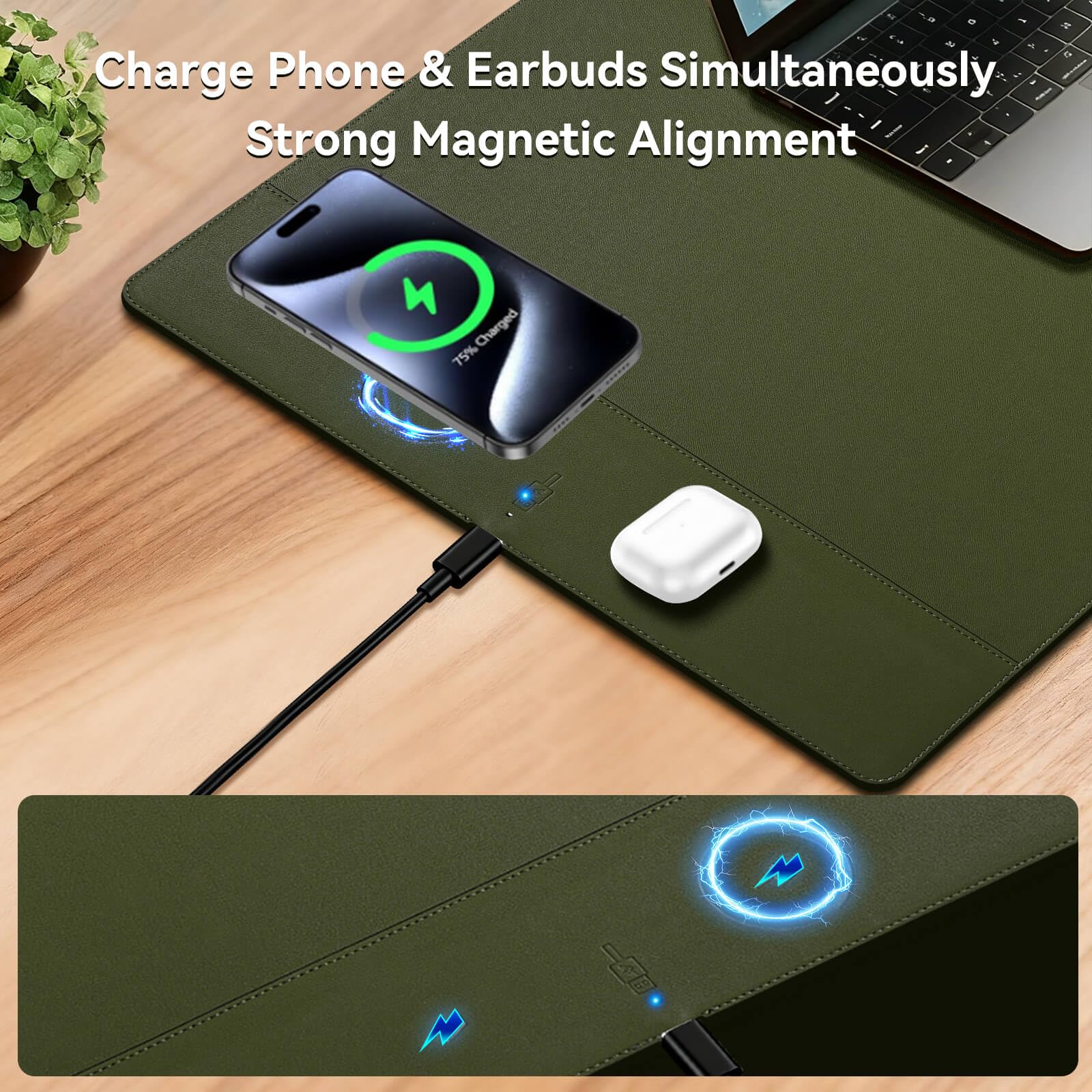 Alfombrilla de mouse de carga inalámbrica, 15 W, carga rápida, alfombrilla de escritorio de oficina grande (31 x 11.7 pulgadas) con superficie ultrasuave, alfombrilla de mouse verde militar