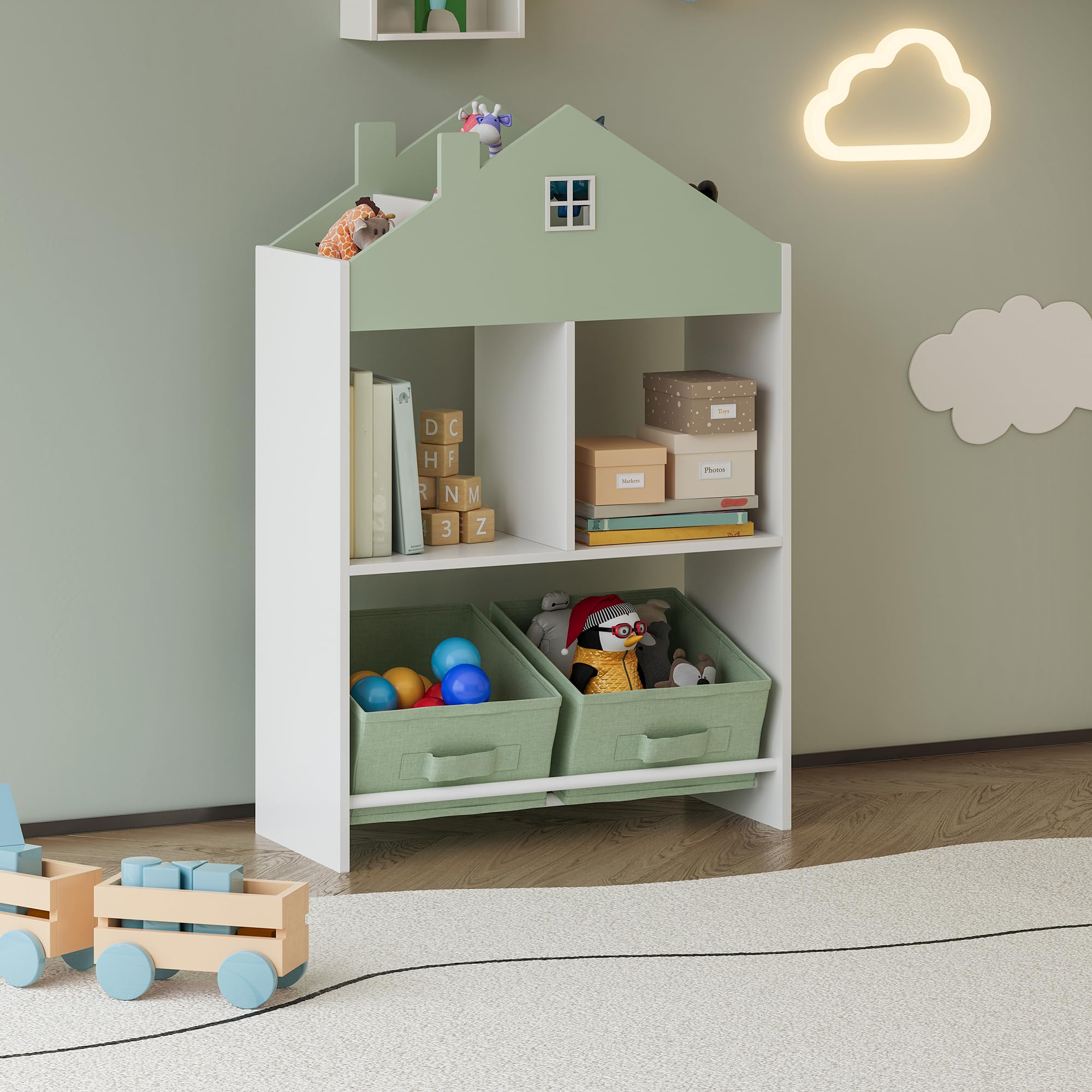 [en.casa] Kinder Bücherregal Vipsali Kinderregal in Hausoptik mit 2 faltbaren Aufbewahrungsboxen Spielzeug Aufbewahrung 90 x 60 x 27 cm Mintgrün/Weiß