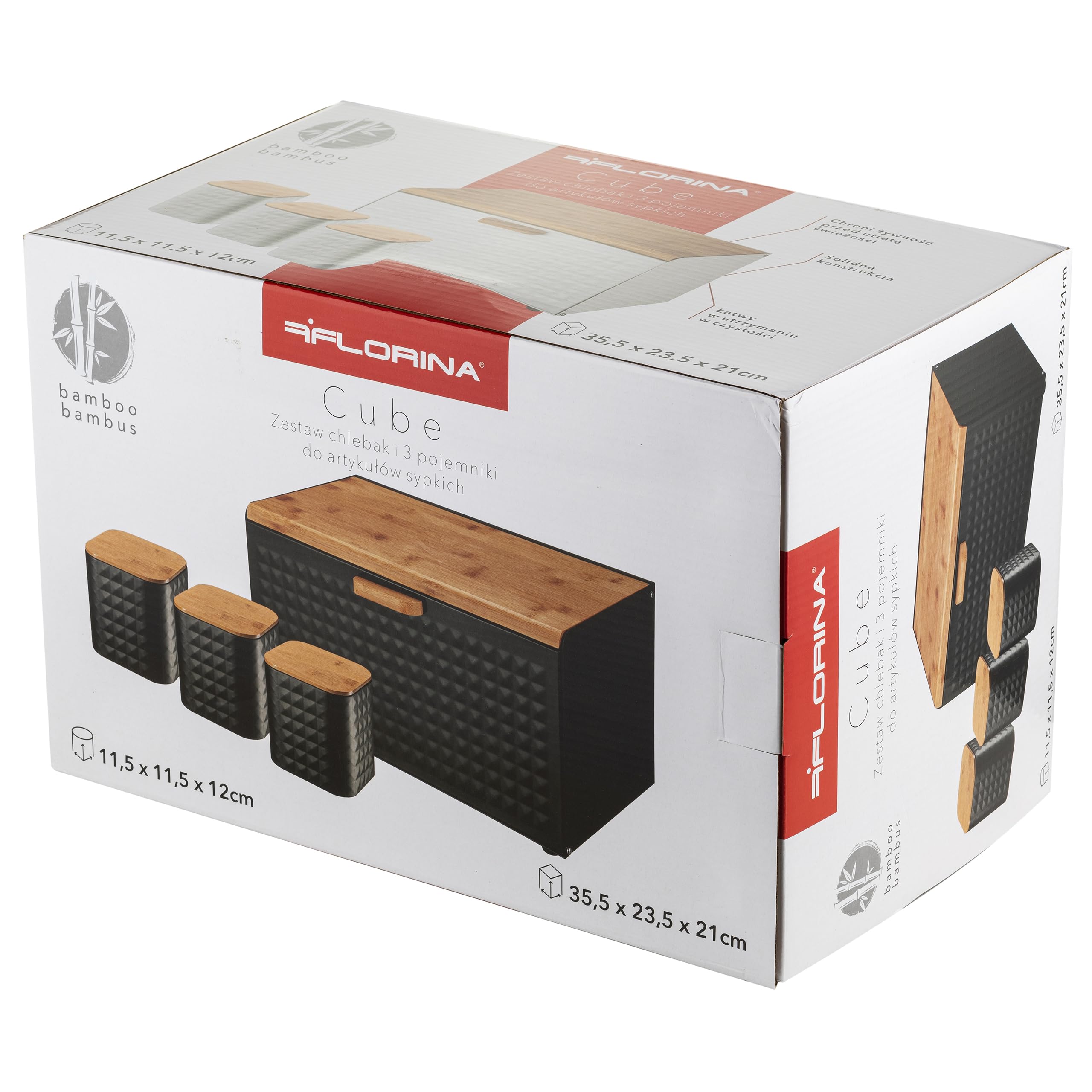 FLORINA Brotkasten inkl. 3-er-Set Aufbewahrungsdosen CUBE I Brotbox aus Stahl und Bambus-Deckel I Geräumiger und moderner Brotbehälter I 3 Vorratsdosen für Kaffee Tee Zucker I Farbe: Schwarz