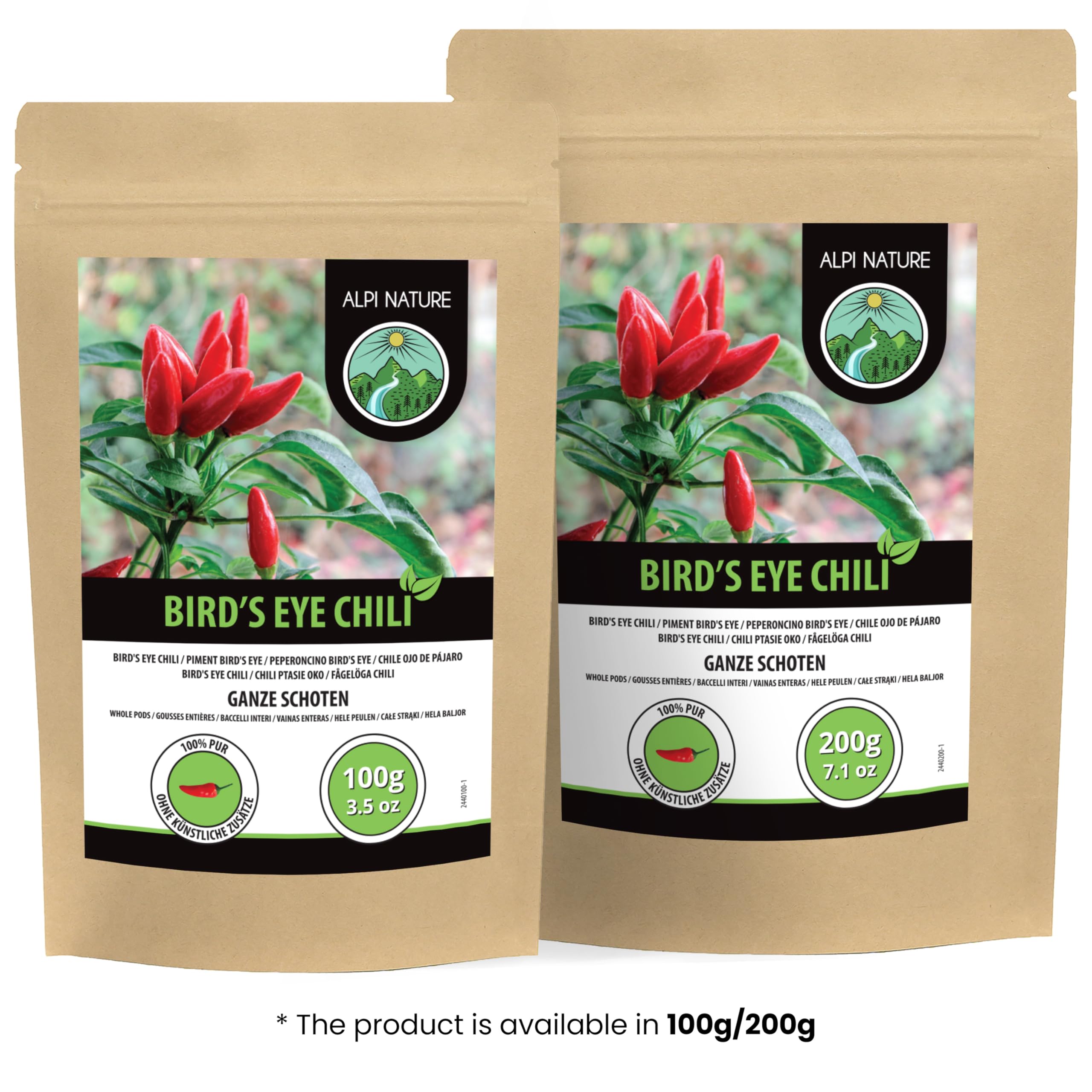 Alpi Nature Chile Ojo de Pájaro Entero 100g, Vainas Enteras de Chile Ojo de Pájaro, Bird's Eye
