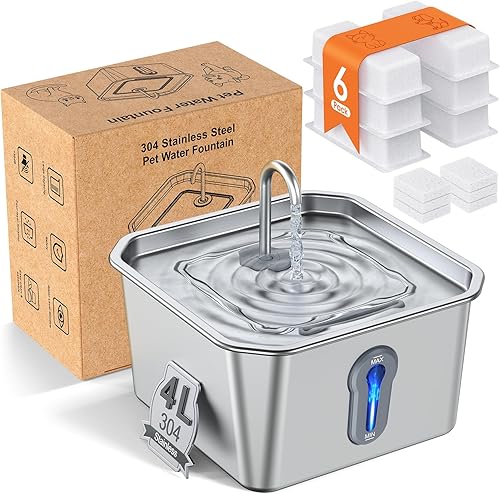 Miniatura 10 de Fuente de agua para gatos de acero inoxidable, dispensador automático de agua para mascotas de 4L/135oz, dispensador silencioso de agua para cuenco