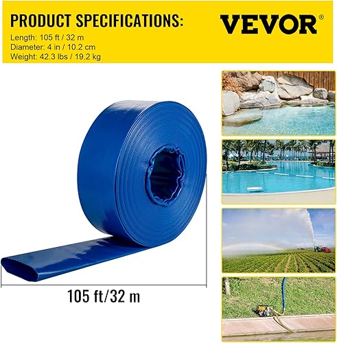 Miniatura 30 de VEVOR Manguera de descarga, 1-1/2 pulgadas x 100 pies, manguera plana de tela de PVC, manguera de drenaje resistente con abrazaderas, resistente a
