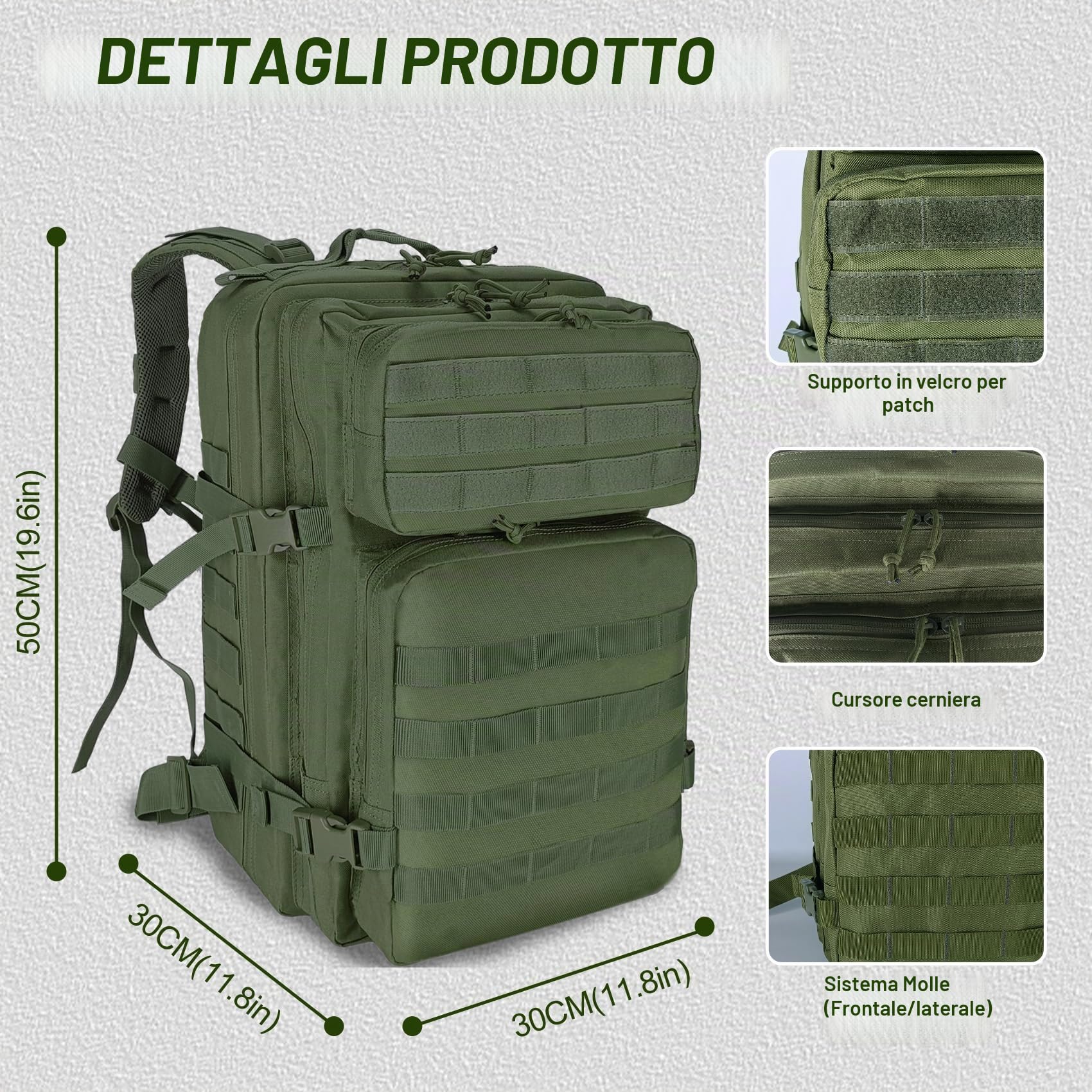 HEMSO Zaino Militare 45 Litri, Impermeabile Grande Zaino Tattico, Molle Zaini di Assalto per Uomo Donna Università Sopravvivenza Viaggio Trekking Campeggio Caccia Moto Palestra Fotografico (Verde)