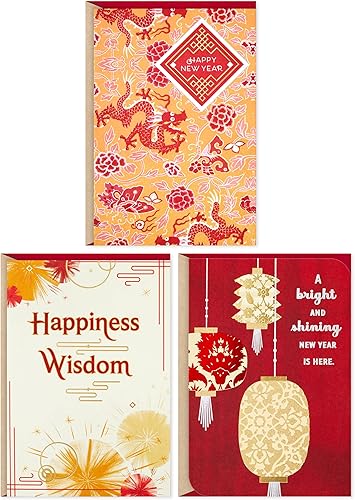 Hallmark Tarjetas de año nuevo chino 2026 (3 tarjetas de año nuevo lunar con sobres rojos de dinero de la suerte) felicidad, suerte, prosperidad,