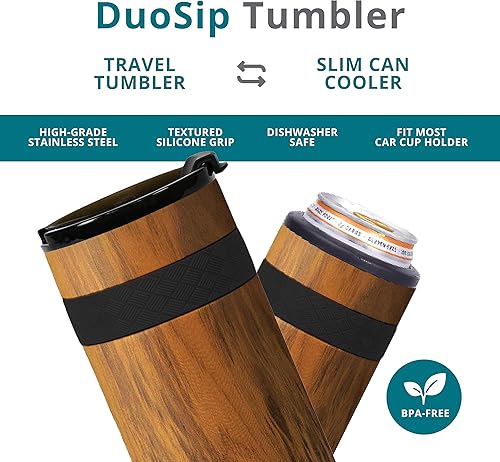 Miniatura 3 de Elemental Duo-Sip - Vaso de café de viaje 2 en 1 con tapa 100% a prueba de fugas y aislante delgado para latas delgadas de 12 onzas, acero