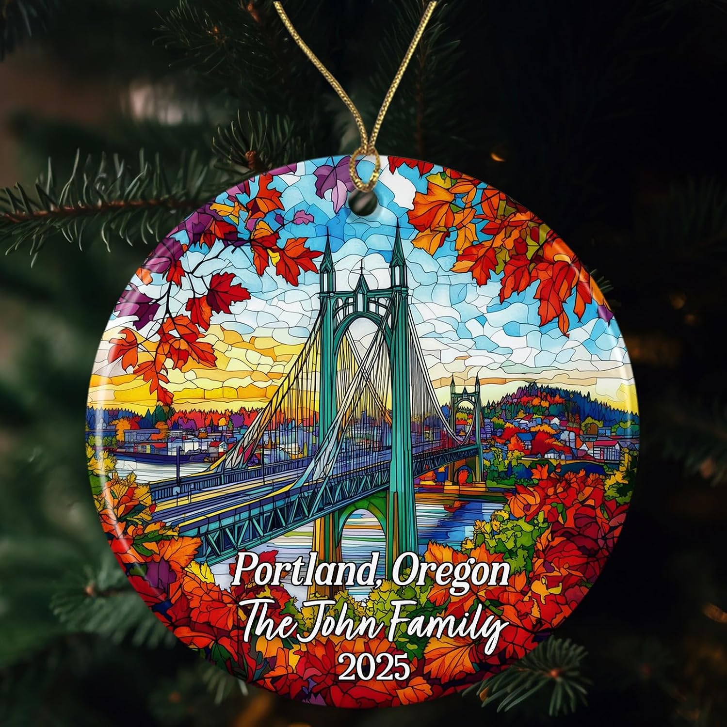 Portland Oregon Stained Glass Acrylic Ornament- Acrylic Suncatcher Gift for Travelers- Double-Sided Keepsake Gift for Couples-Friends-Family- Hanging Christmas Tree Decor image 5