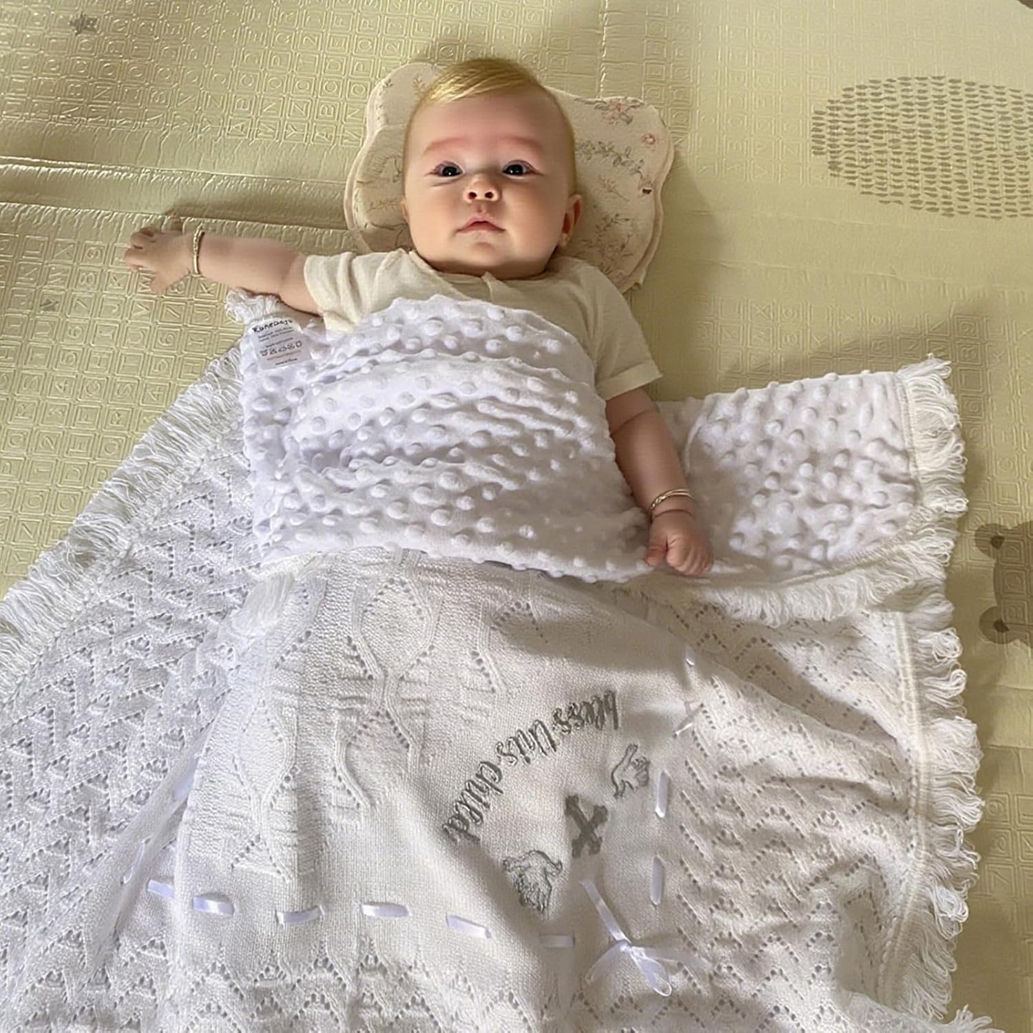 Baptism Gifts for Boys Girls Easter Baby Shower White Crochet Christian Baby Blanket Soft Minky Dot Christening Towel