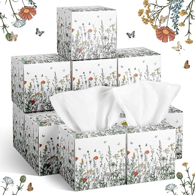 Fourluoo 12 Pack Fall Floral Facial Tissues Cube Boxes 600 Sheets 3 Ply Small Square Wildflower Face Tissues