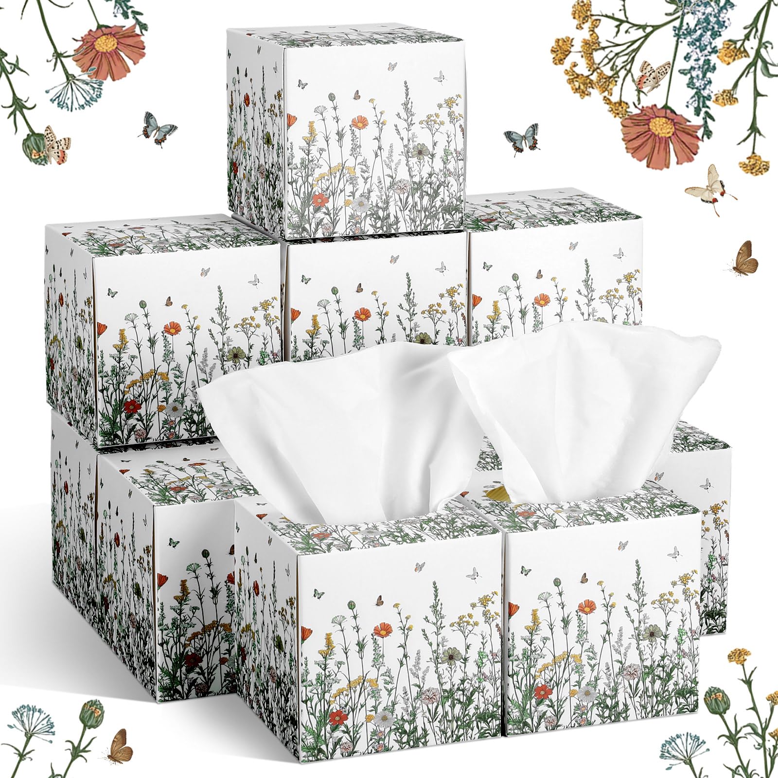 Fourluoo 12 Pack Fall Floral Facial Tissues Cube Boxes 600 Sheets 3 Ply Small Square Wildflower Face Tissues Bulk for Autumn Christmas Car Bedroom