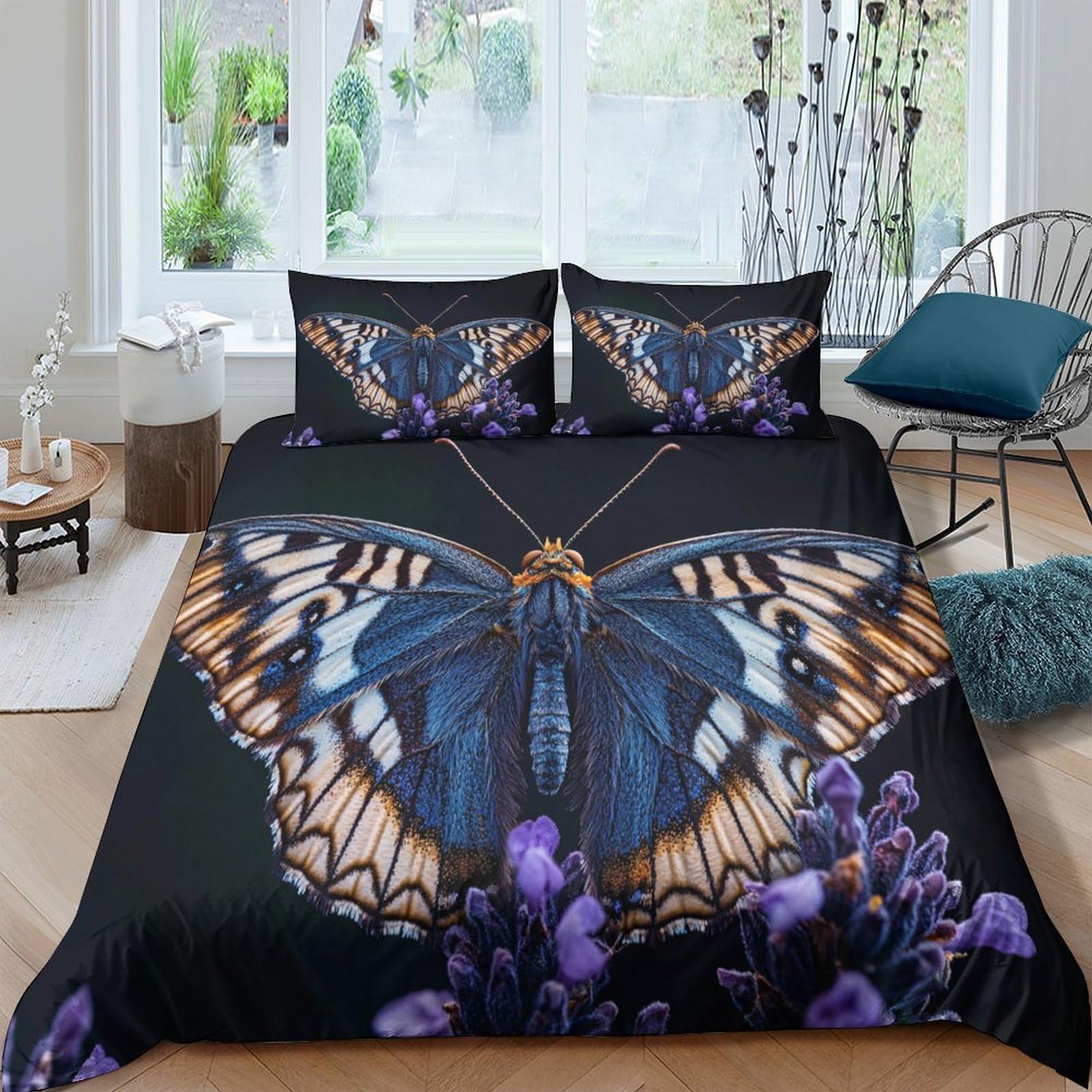 Ctjqhvkz Style-3 3D Printed Blue Butterfly Fitted Sheet Microfiber Soft Bedroom Decor Purple Flower Mattress Cover Adults Teens Single（135X200cm）