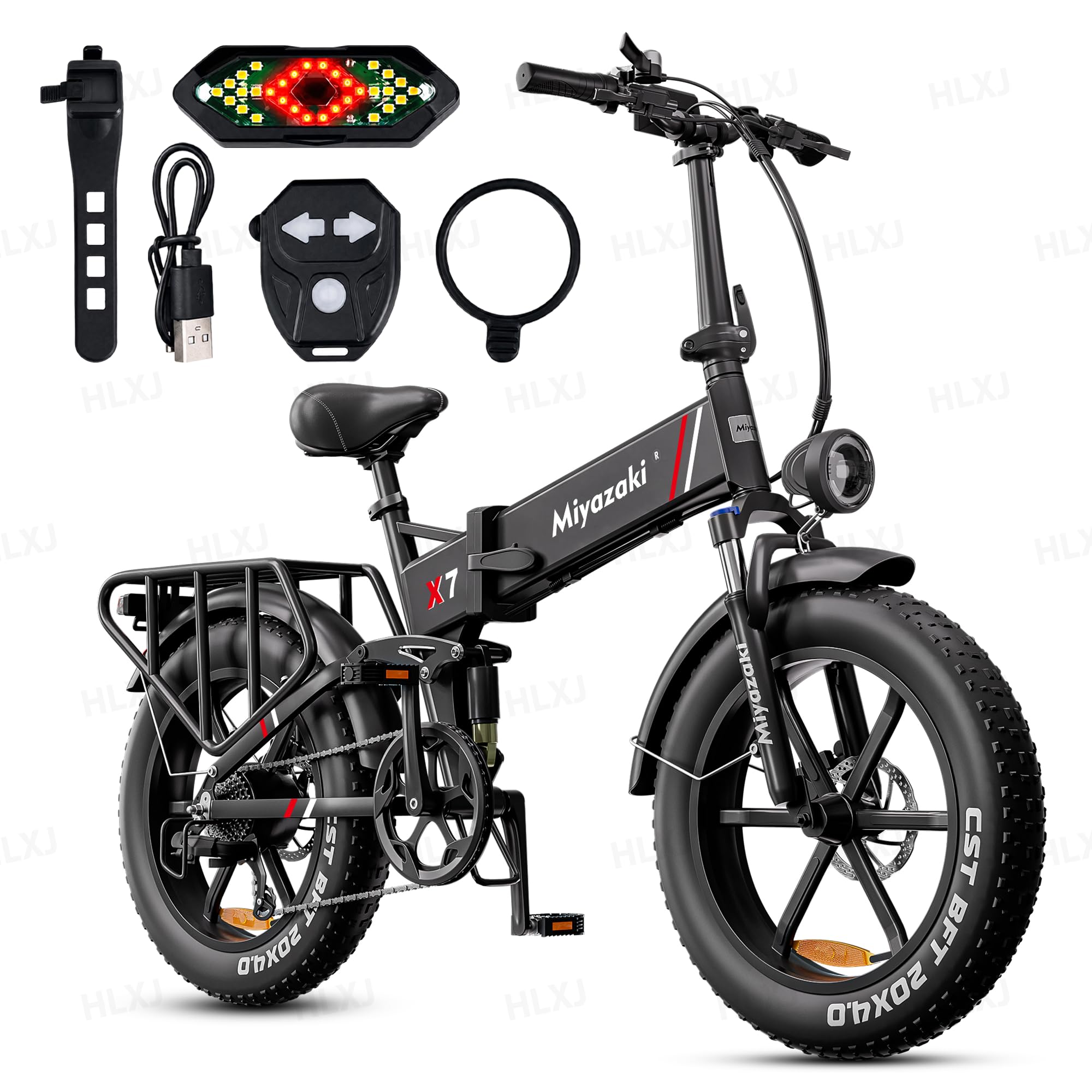 Miyazaki X7 Vélo électrique pliable pour adultes, cadre en aluminium aérospatial, moteur sans balais, batterie amovible de 48 V 14 Ah, pneus Fat de 50,8 x 10,2 cm