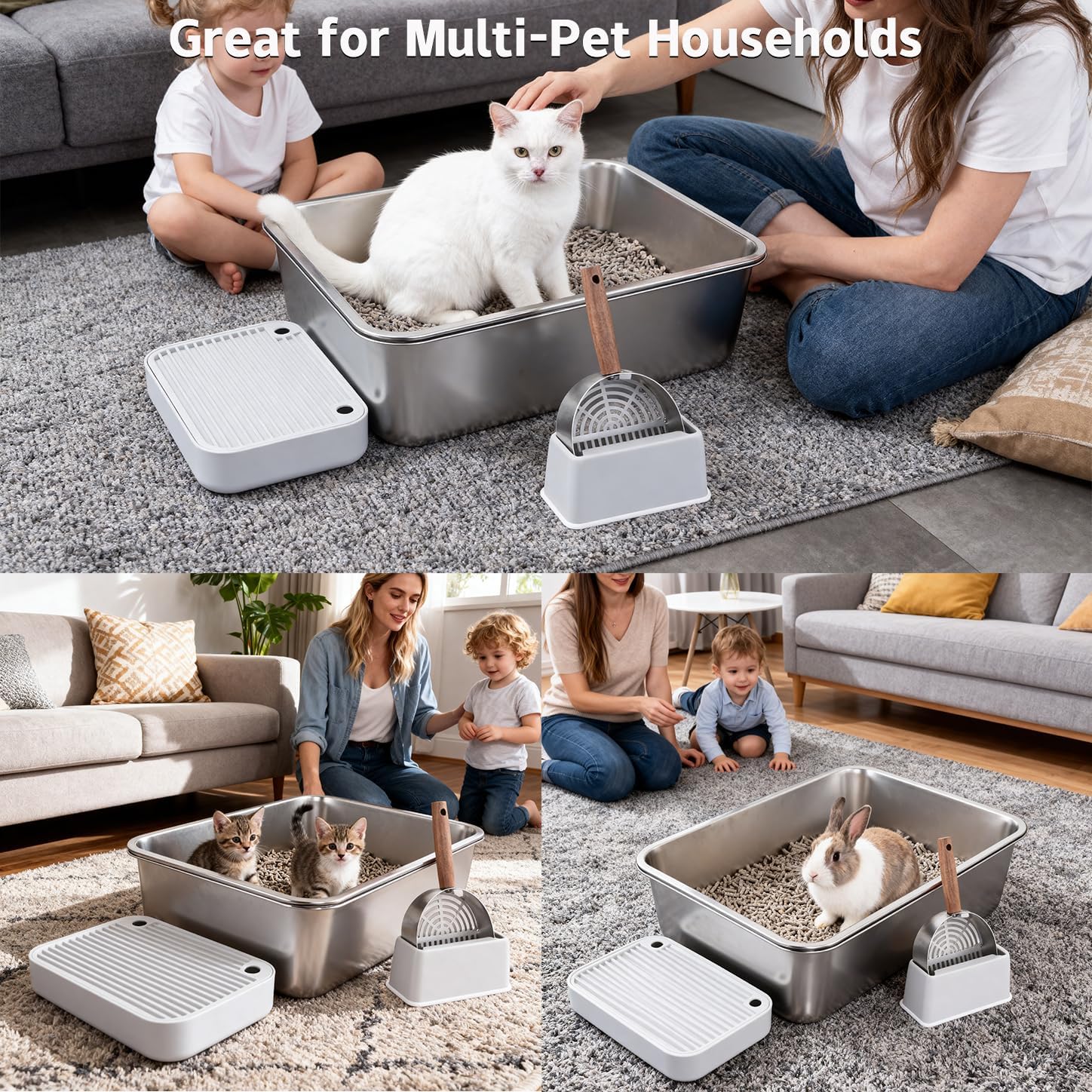 Stainless Steel Cat XL Litter Box with Sifting Tray, Double Layer Metal Litter Box for Pine Pellets, 23.6" × 15.7" × 8" High Sided Kitty Litter Box for Cats, Easy to Clean, No Odor