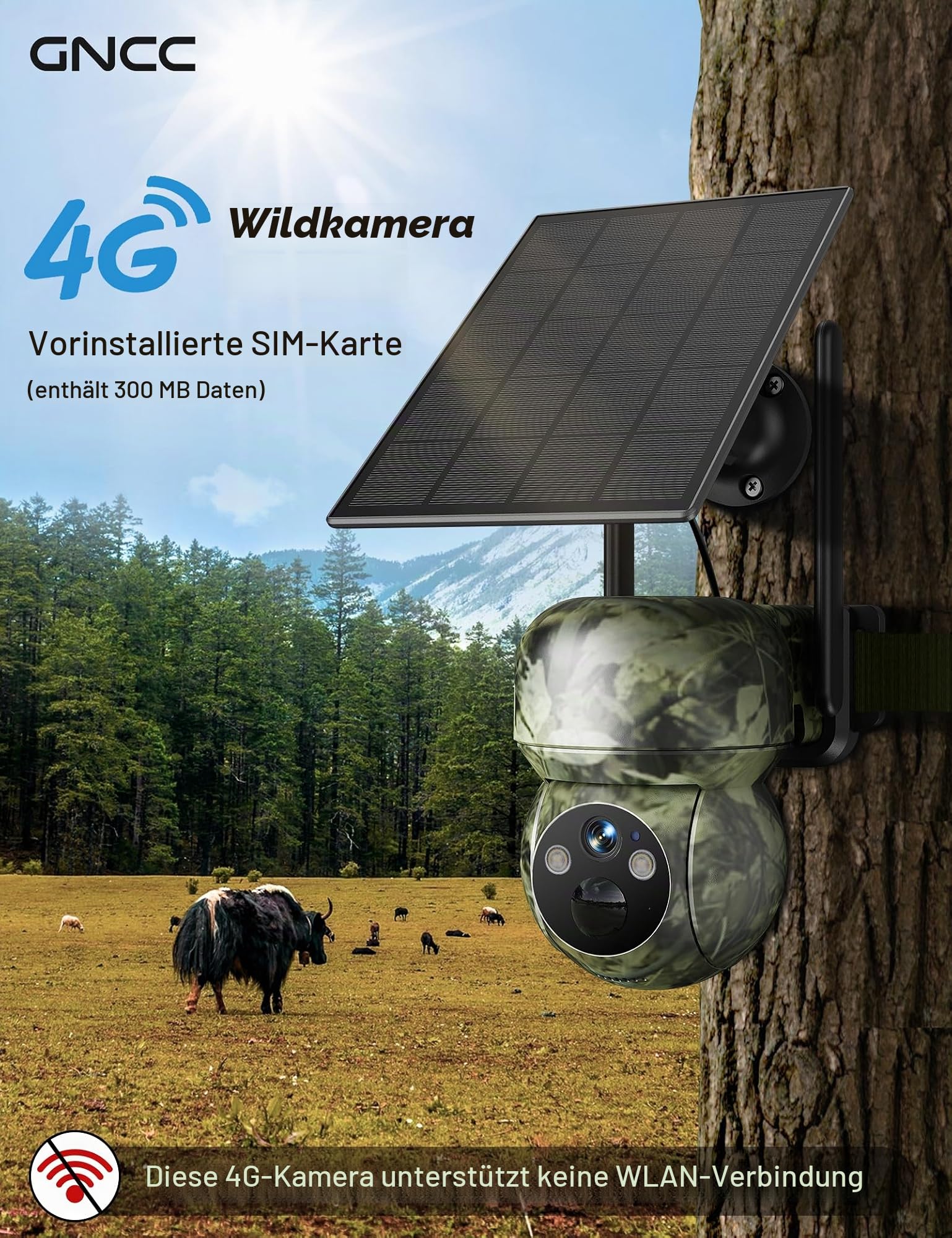 GNCC 4G LTE Wildkamera mit SIM Karte＆32GB SD Karte, 2K Solar Wildkamera mit Handyübertragung App mit Bewegungsmelder Nachtsicht, 300 MB di Dati Gratuiti, IP65 Wasserdicht, Monitoraggio a 360°